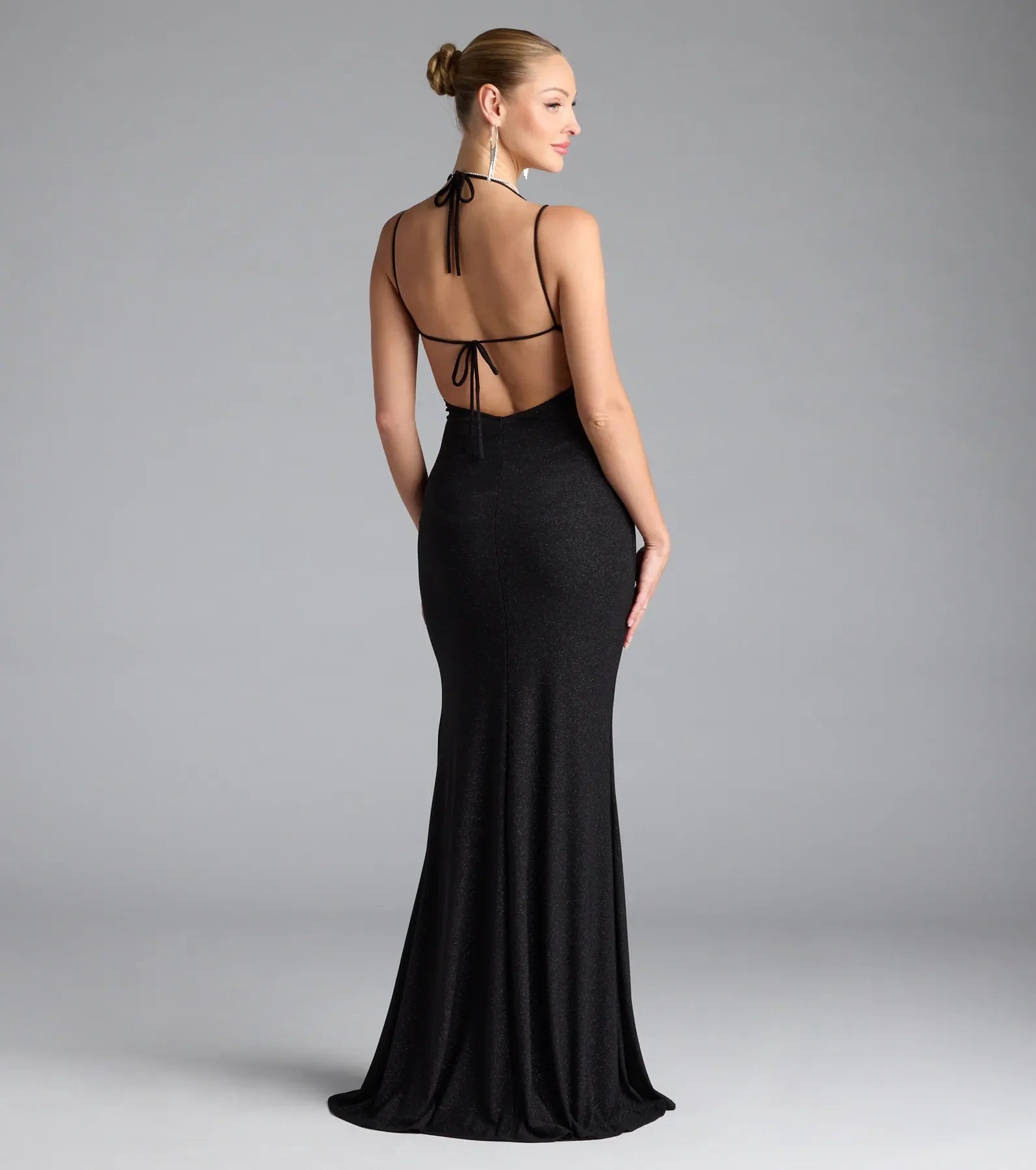 Ariadna Strappy Open Back Slit Glitter Formal Dress