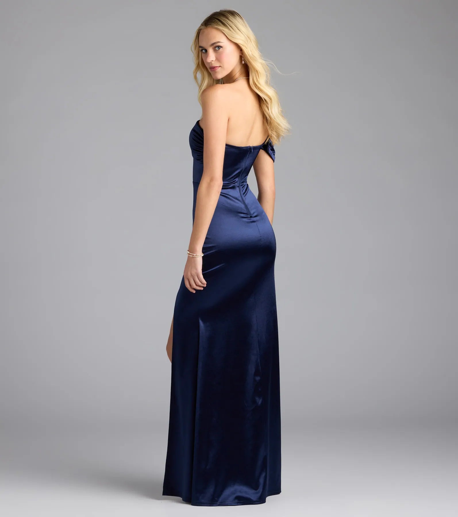 Jocelyn Cold Shoulder Slit Mermaid Satin Formal Dress