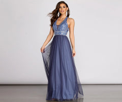 Taji Halter Applique Mesh Ball Gown