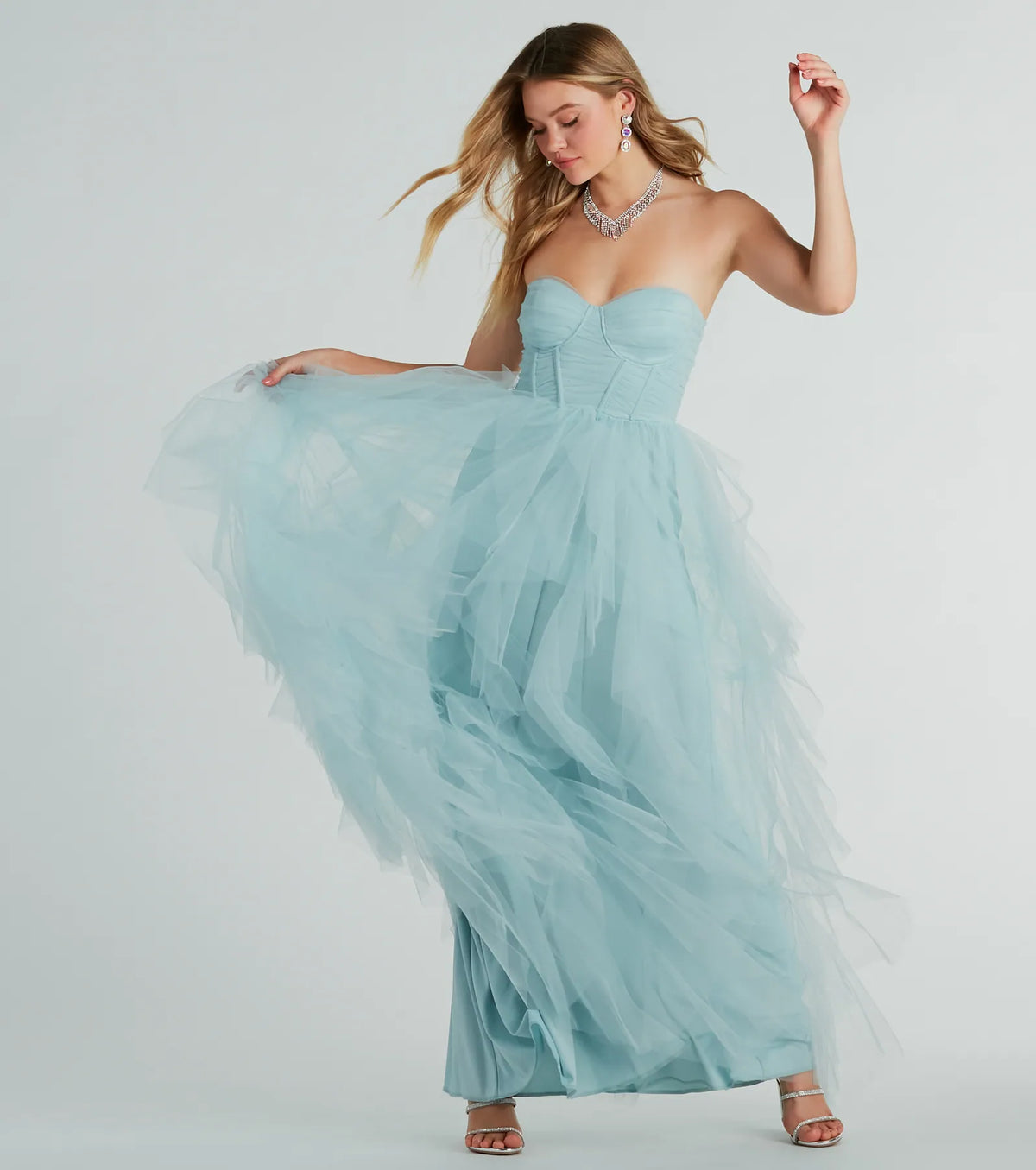 Lindsey Bustier A-Line Ruffle Tulle Ball Gown