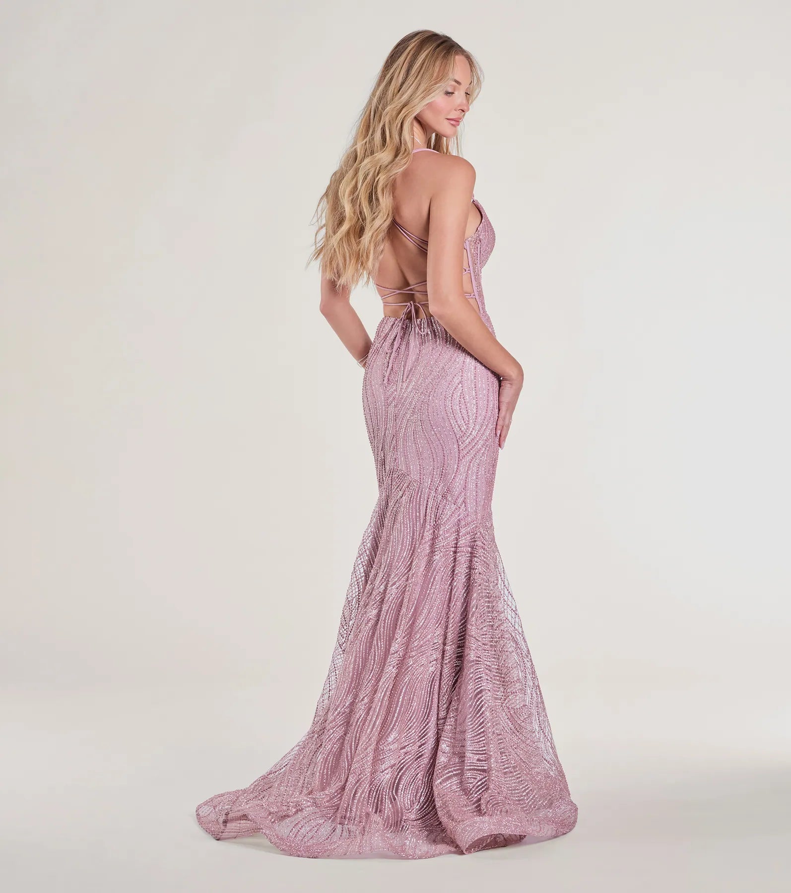 Loreli Lace-Up Glitter Striped Mermaid Gown