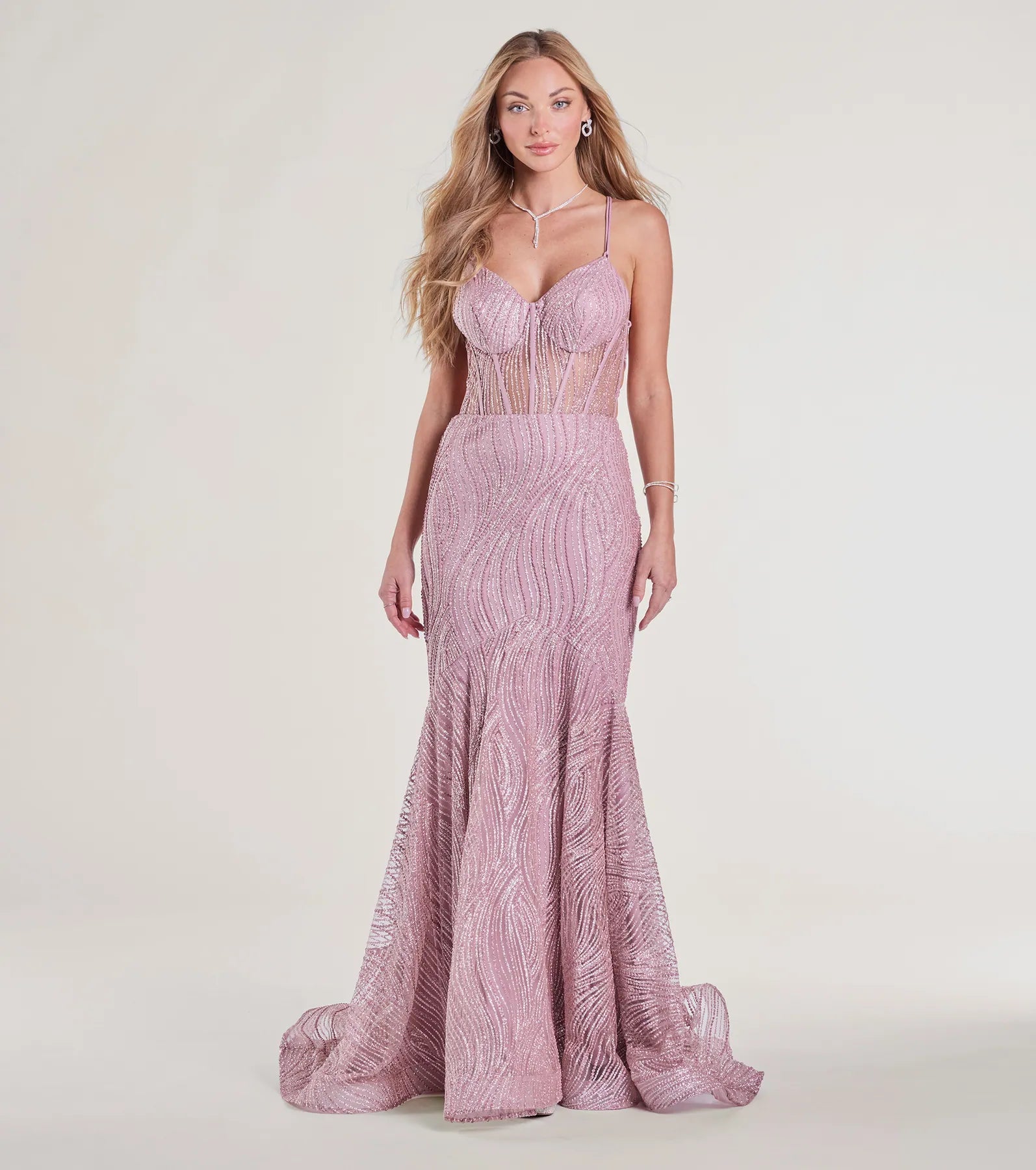Loreli Lace-Up Glitter Striped Mermaid Gown