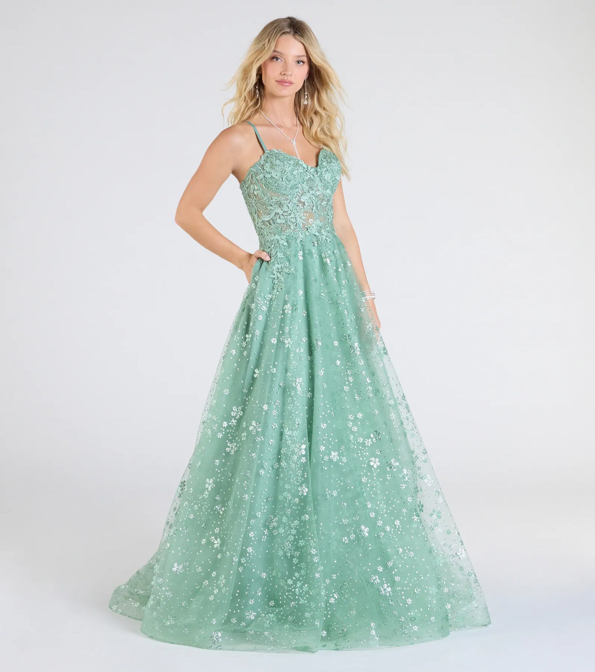 Adrienne Corset A-Line Glitter Mesh Ball Gown