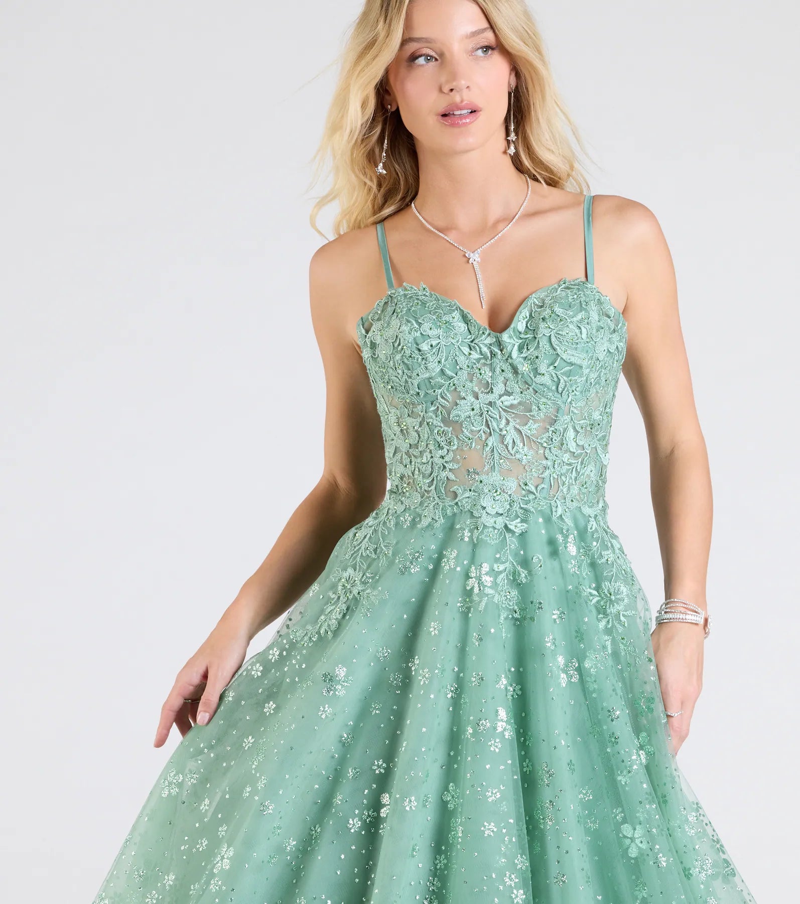 Adrienne Corset A-Line Glitter Mesh Ball Gown