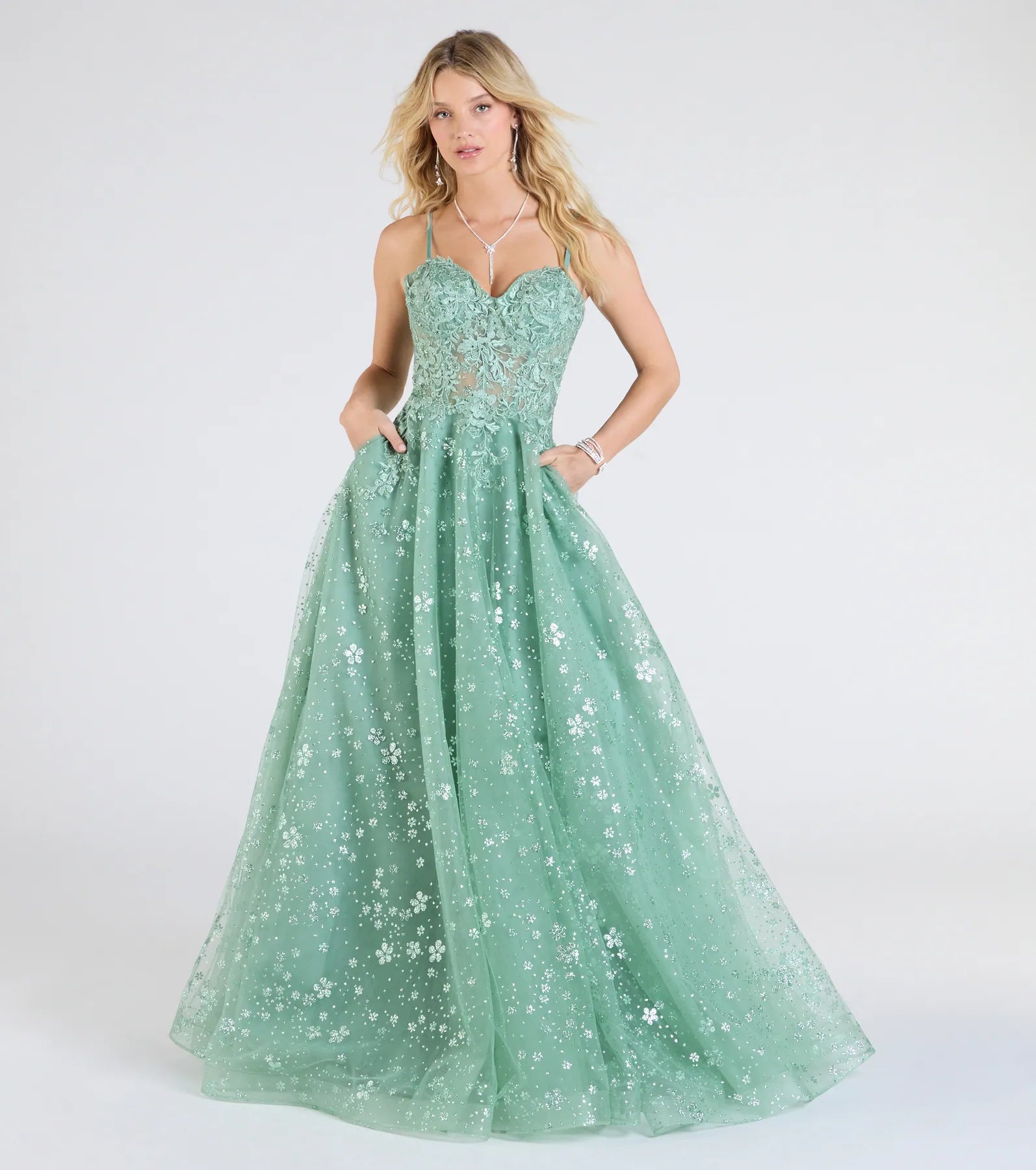 Adrienne Corset A-Line Glitter Mesh Ball Gown