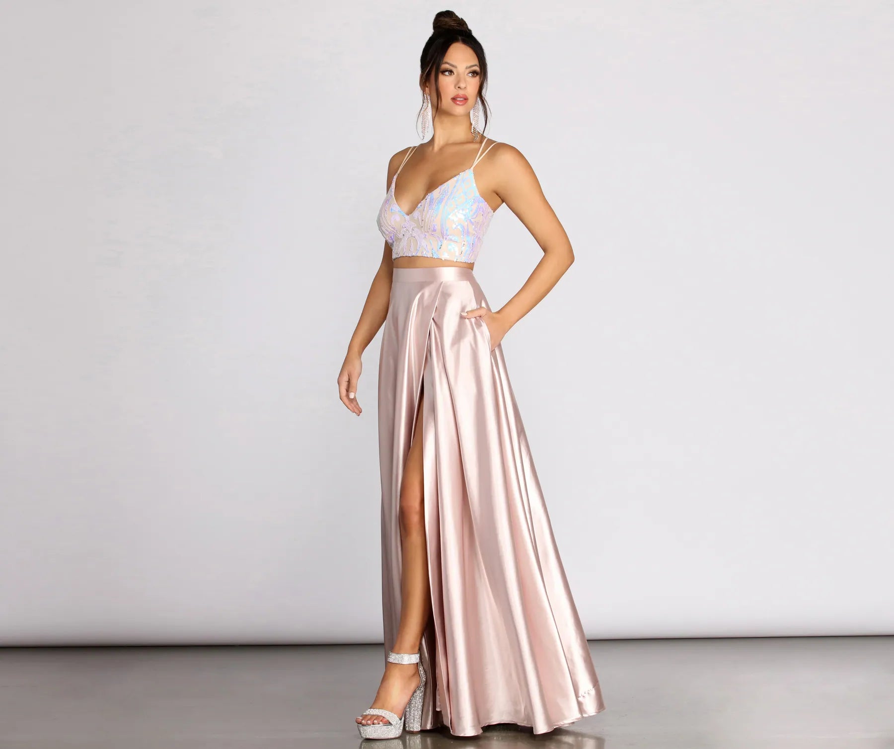 Inez Iridescent Sequin Two Piece Satin Dress