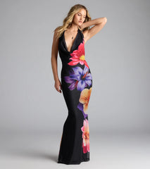 Amalfi Coast Plunge Neck Mermaid Floral Maxi Dress