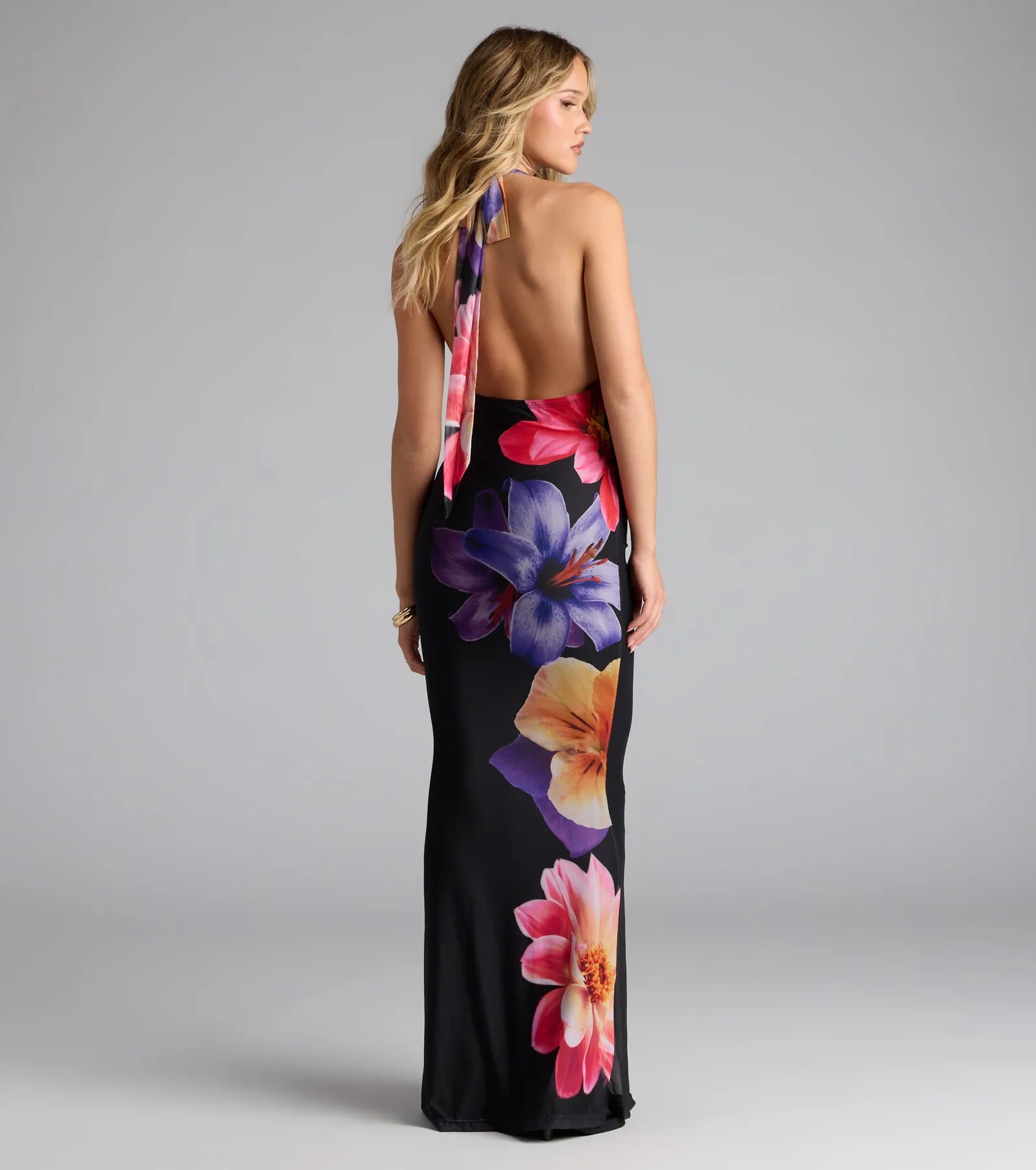 Amalfi Coast Plunge Neck Mermaid Floral Maxi Dress