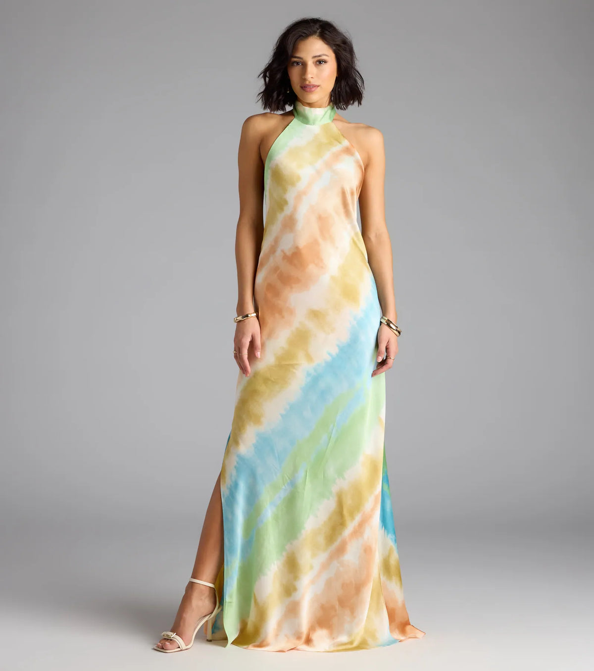True Colors Open Back Abstract Satin Maxi Dress