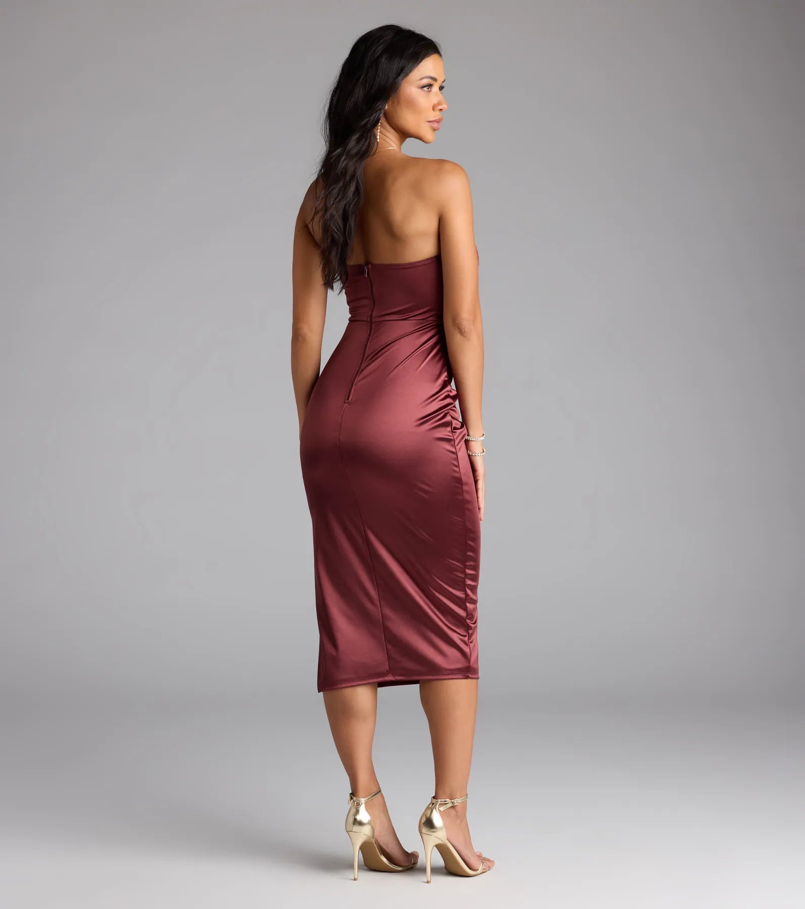Cocktail Hour Strapless Satin Slit Midi Dress