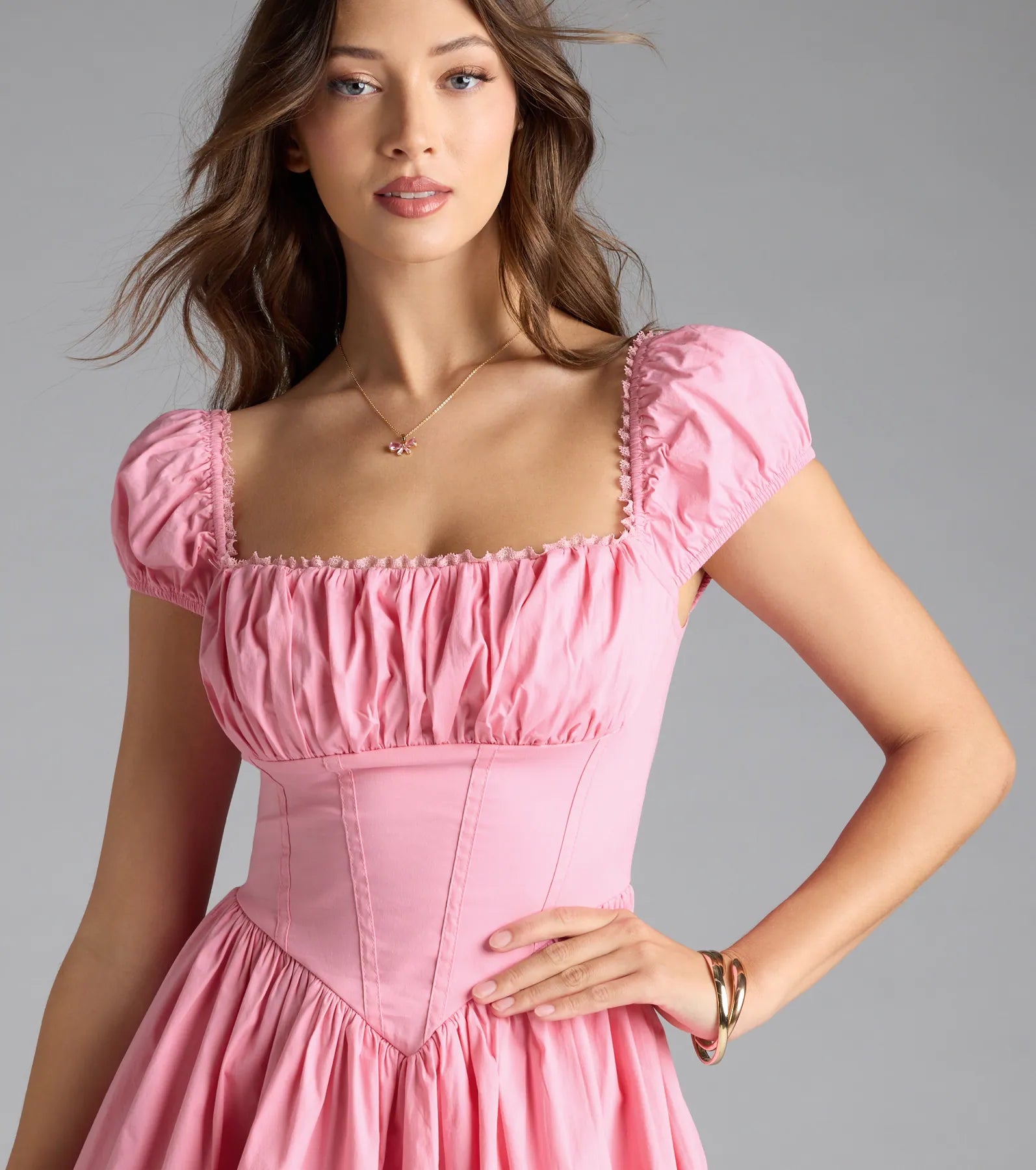 Bright Side Puff Sleeve Skater Bubble Hem Dress