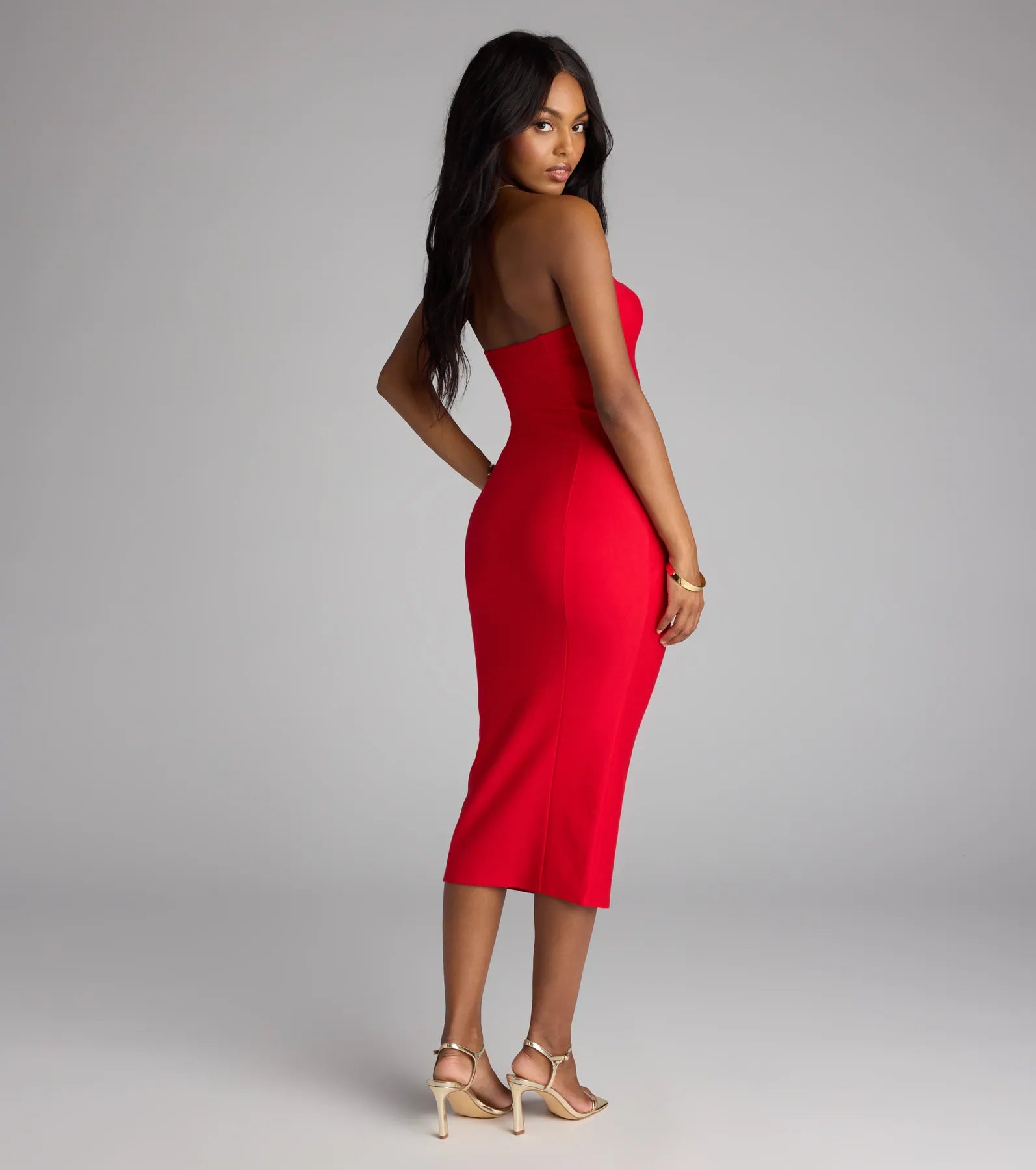 Serving Chic Vibes Strapless Bodycon Midi Dress
