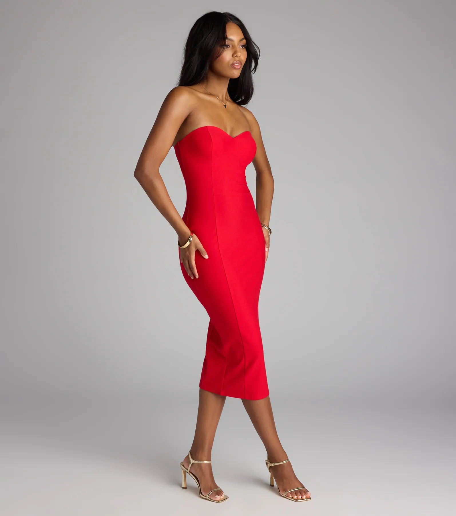 Serving Chic Vibes Strapless Bodycon Midi Dress