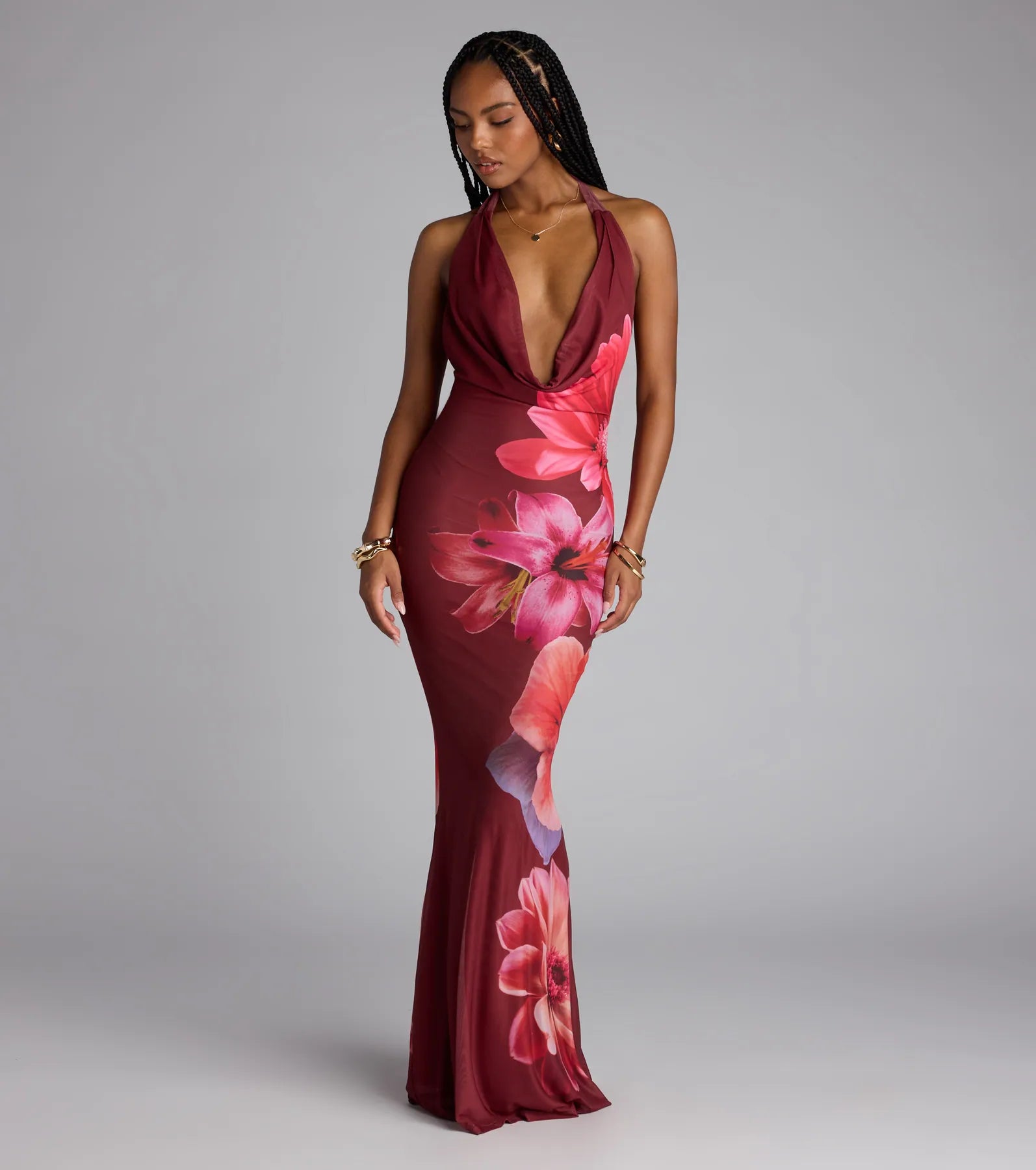 Amalfi Coast Plunge Neck Mermaid Floral Maxi Dress