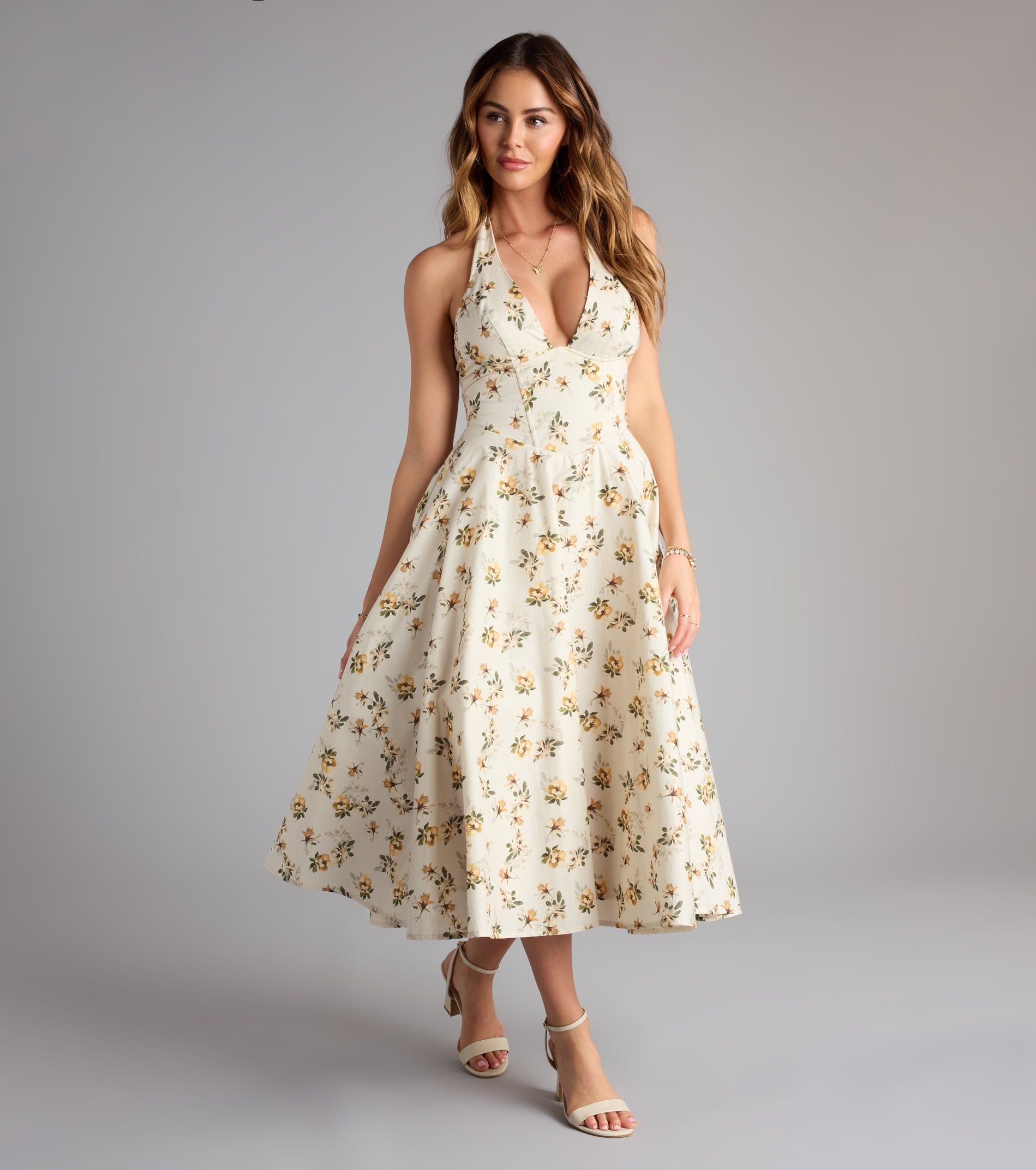 Set For Spring Halter Corset Floral Midi Dress