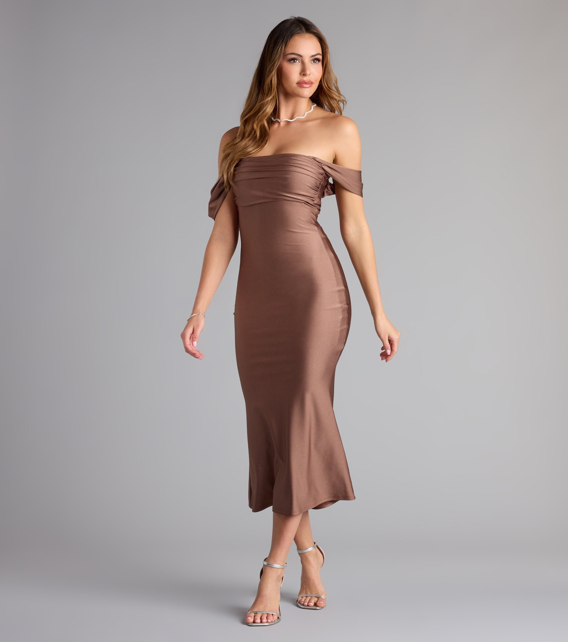 Exceptional Off-The-Shoulder Flared Midi Dress