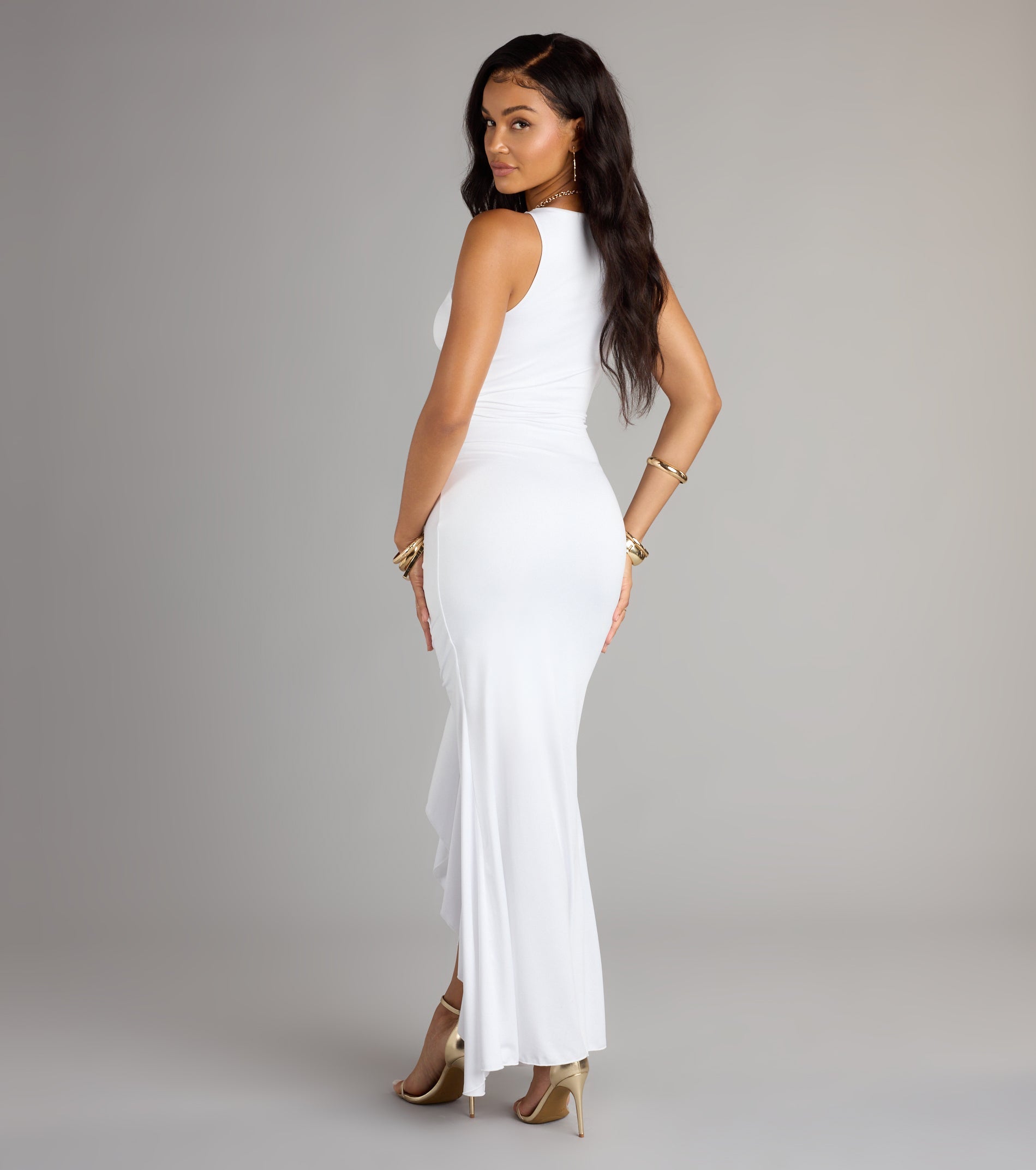 Showstopper Cutout Ruffle Slit Maxi Dress