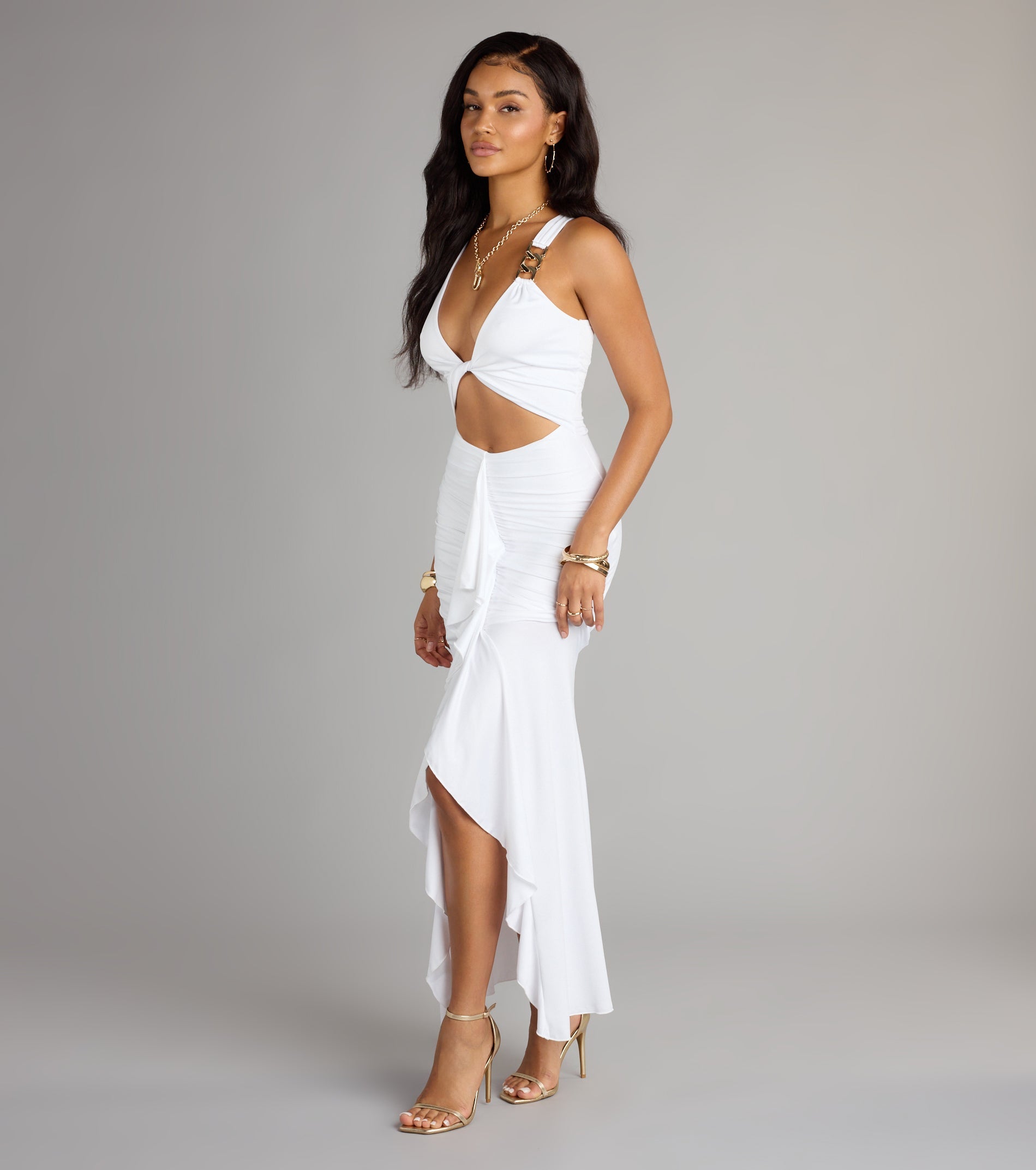 Showstopper Cutout Ruffle Slit Maxi Dress