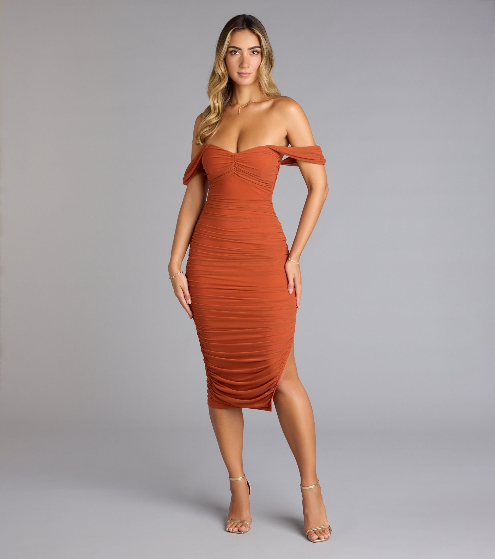 Can't Help It Mesh Off-The-Shoulder Midi Dress