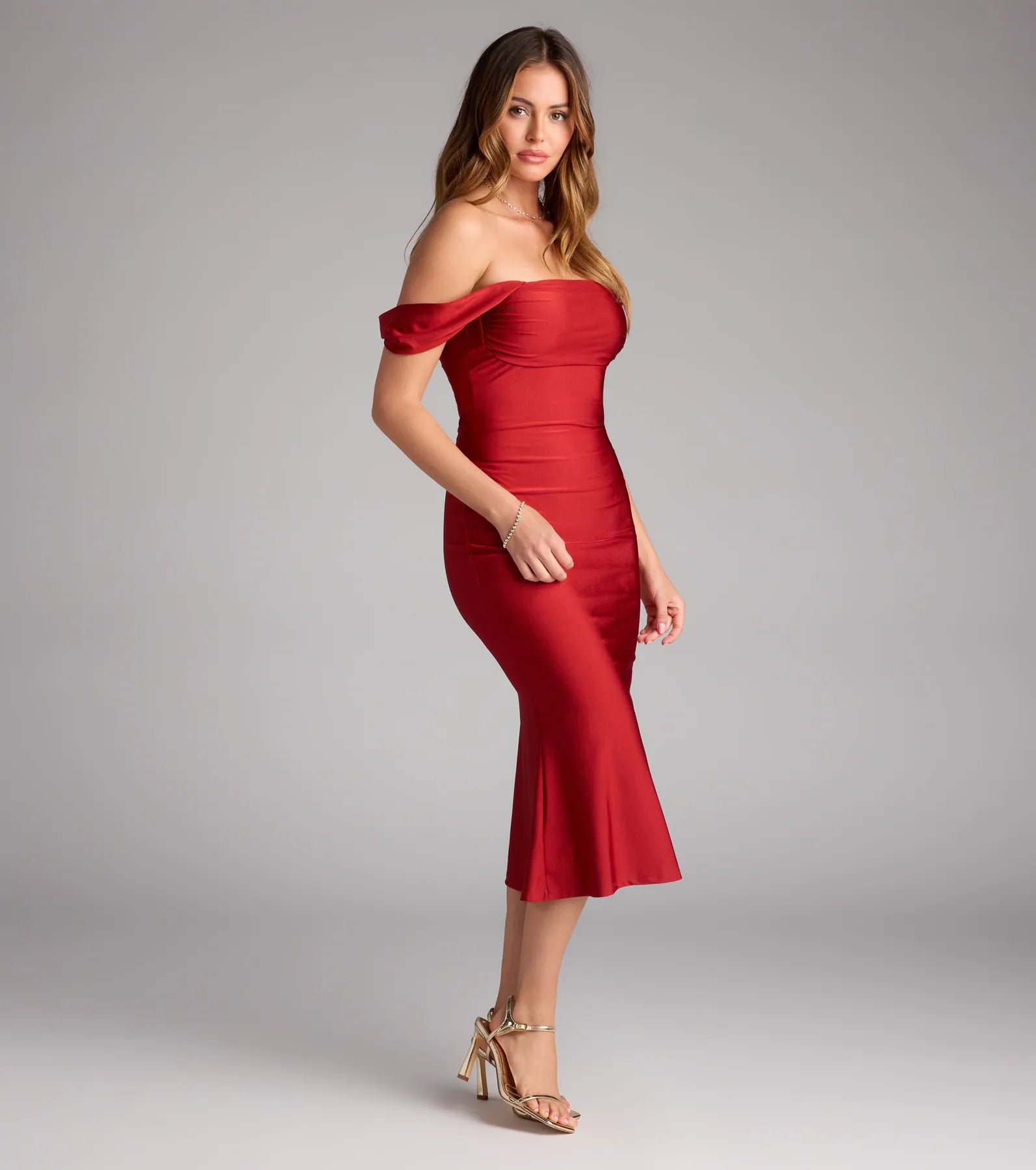 Exceptional Off-The-Shoulder Flared Midi Dress