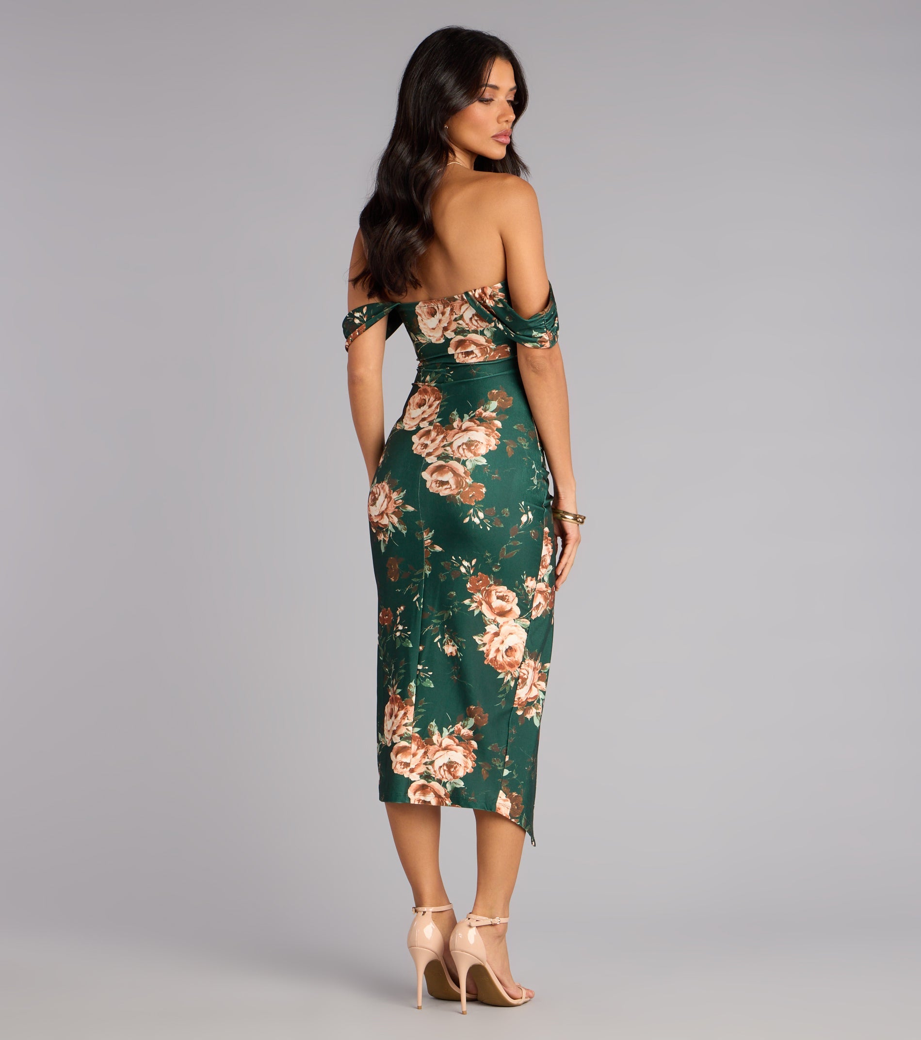 Floral Whispers Off-The-Shoulder Midi Dress