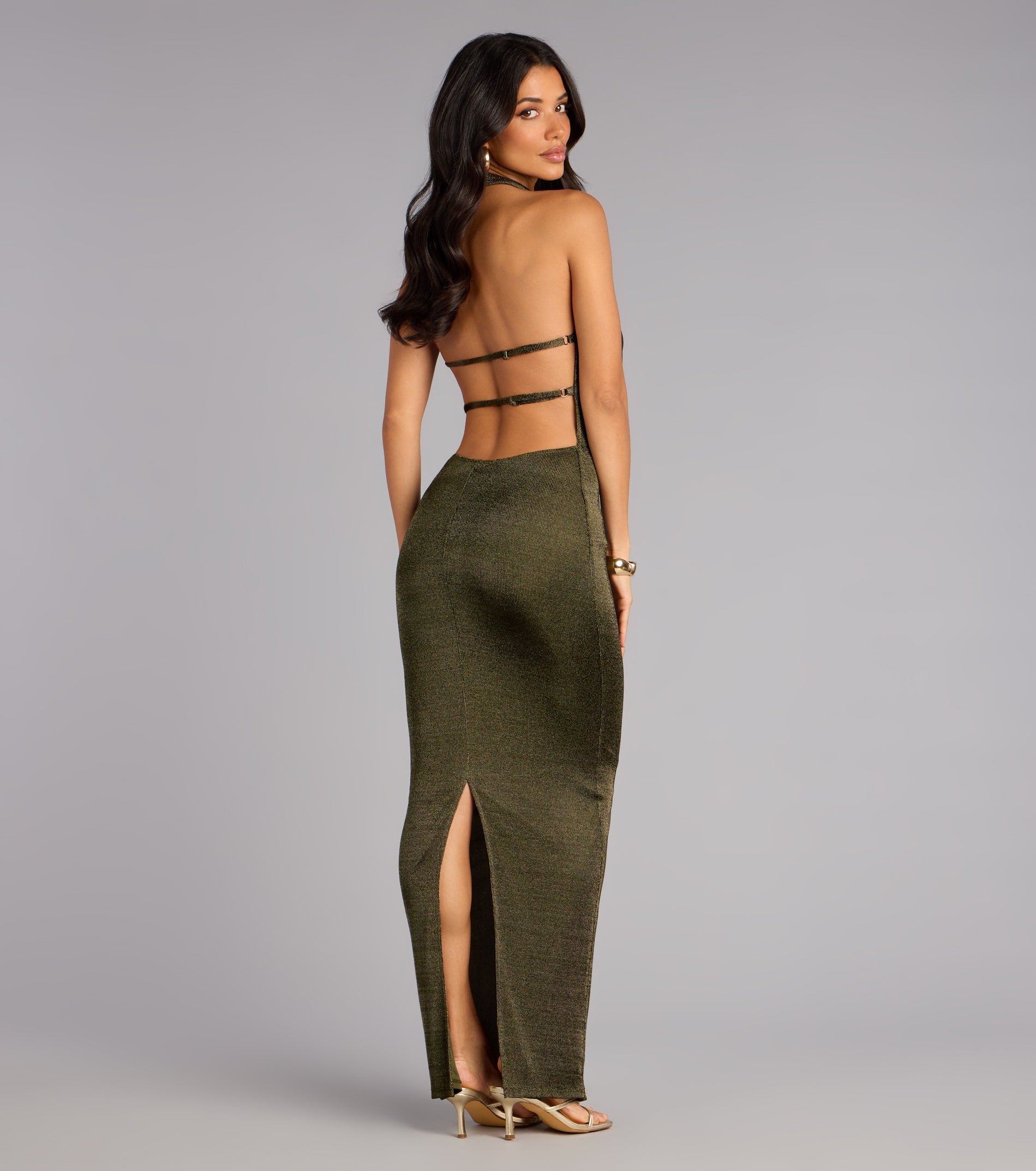Glow Goddess Strappy Back Metallic Knit Maxi Dress