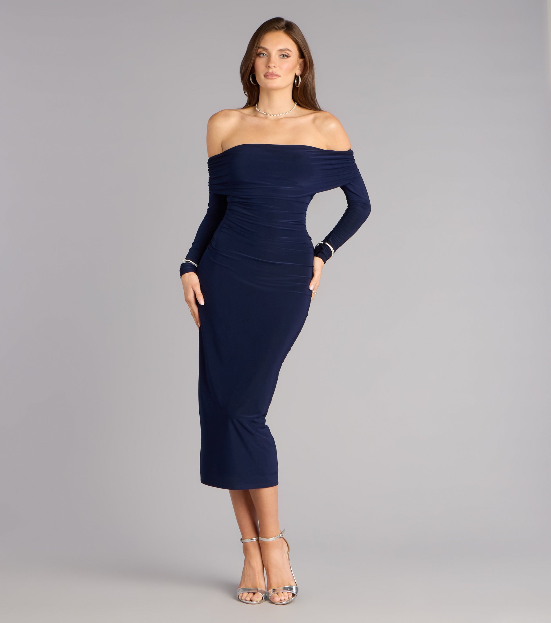 Casual Affair Long Sleeve Ruched Midi Dress