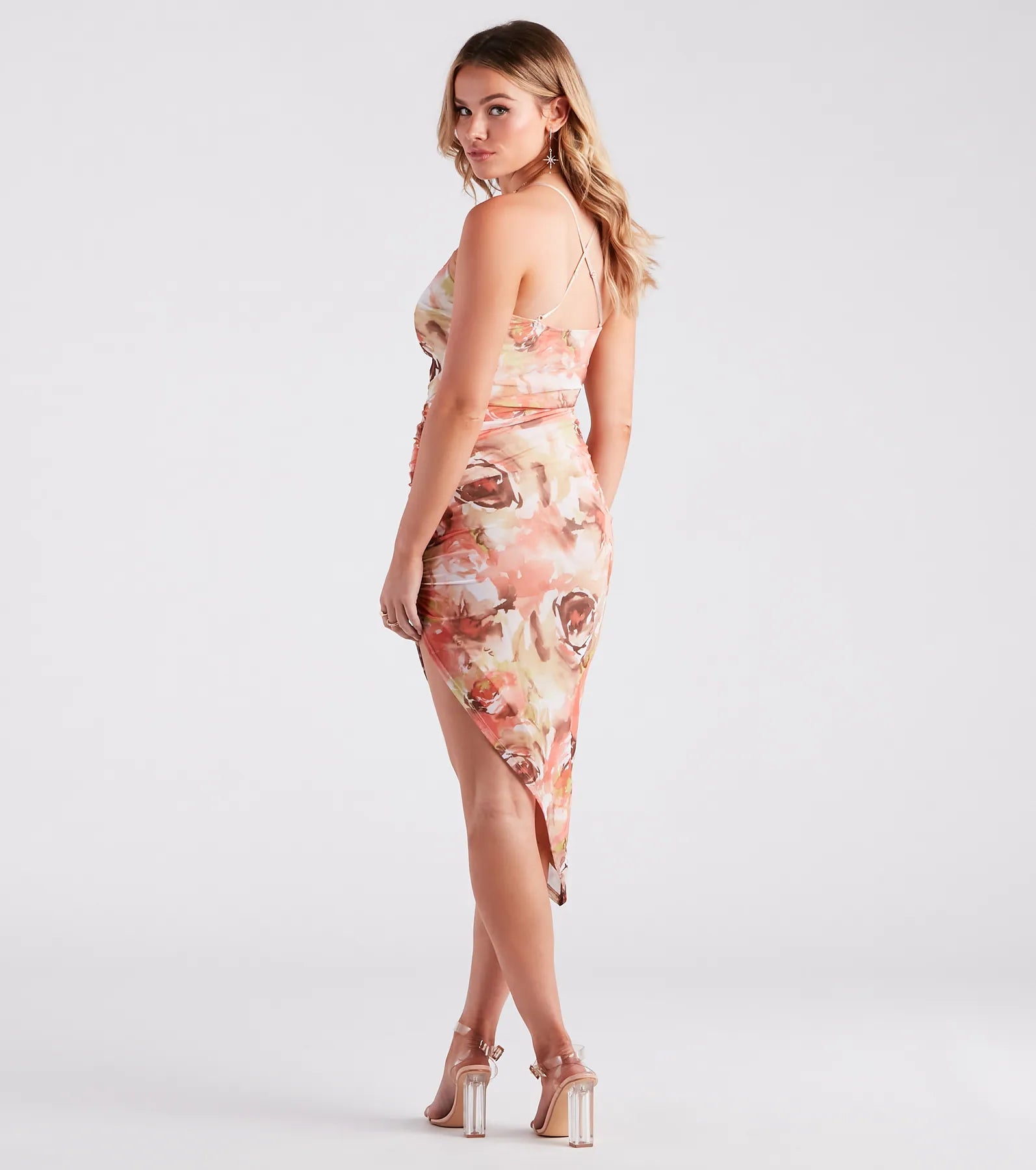 Dreamy Floral Ruched Mesh Midi Dress