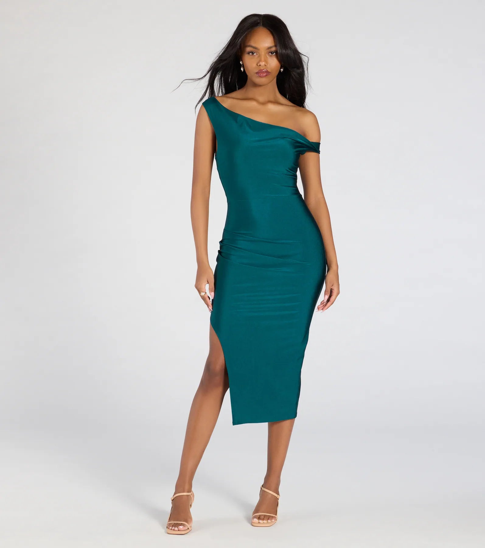 Iconic Silhouette Off-Shoulder High Slit Midi Dress