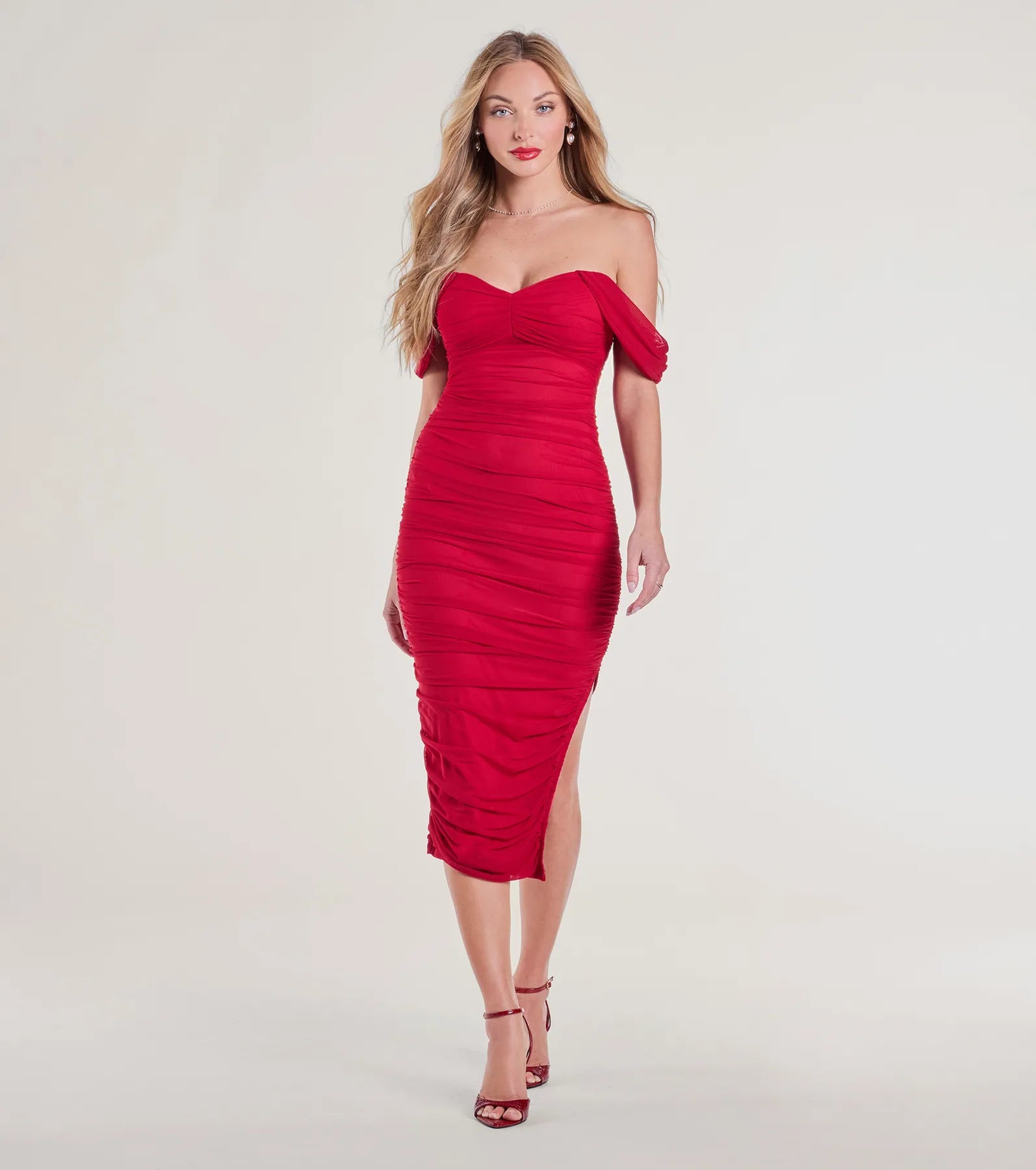 Can't Help It Mesh Off-The-Shoulder Midi Dress