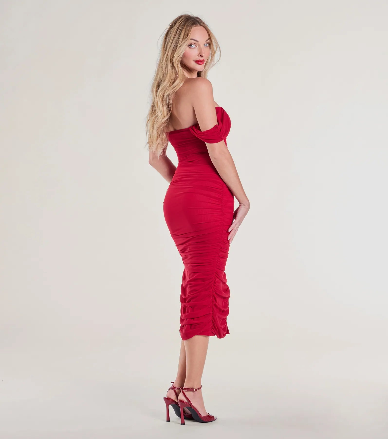 Can't Help It Mesh Off-The-Shoulder Midi Dress