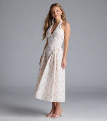 Sunny Daze Charm Halter V-Neck Floral A-Line Midi Dress