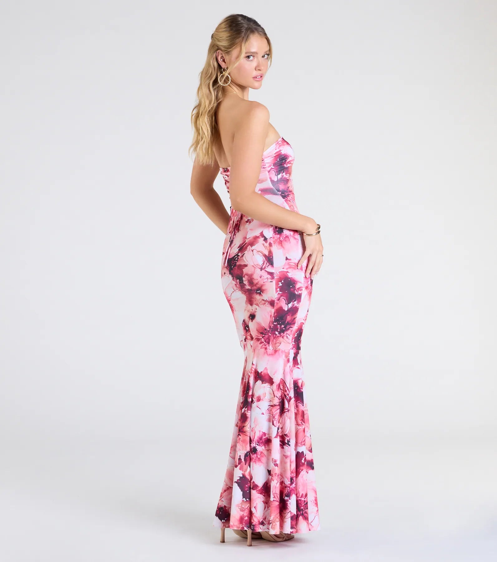 Ready To Bloom Strapless Lace-Up Floral Maxi Dress