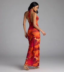 Island Style Tropical Halter Mesh Maxi Dress