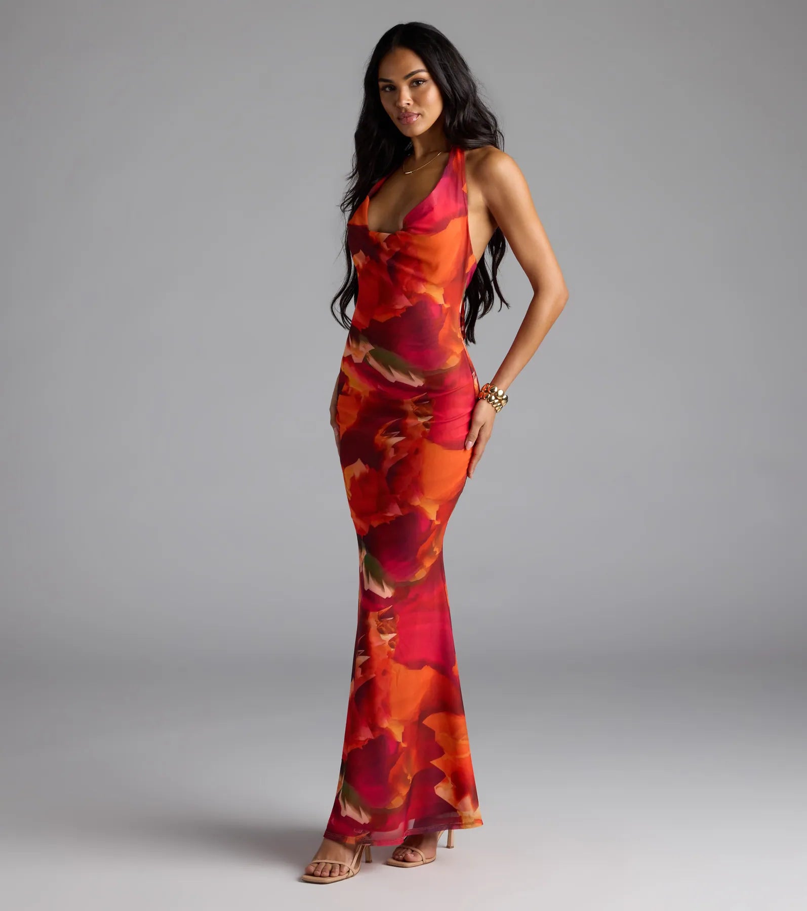 Island Style Tropical Halter Mesh Maxi Dress