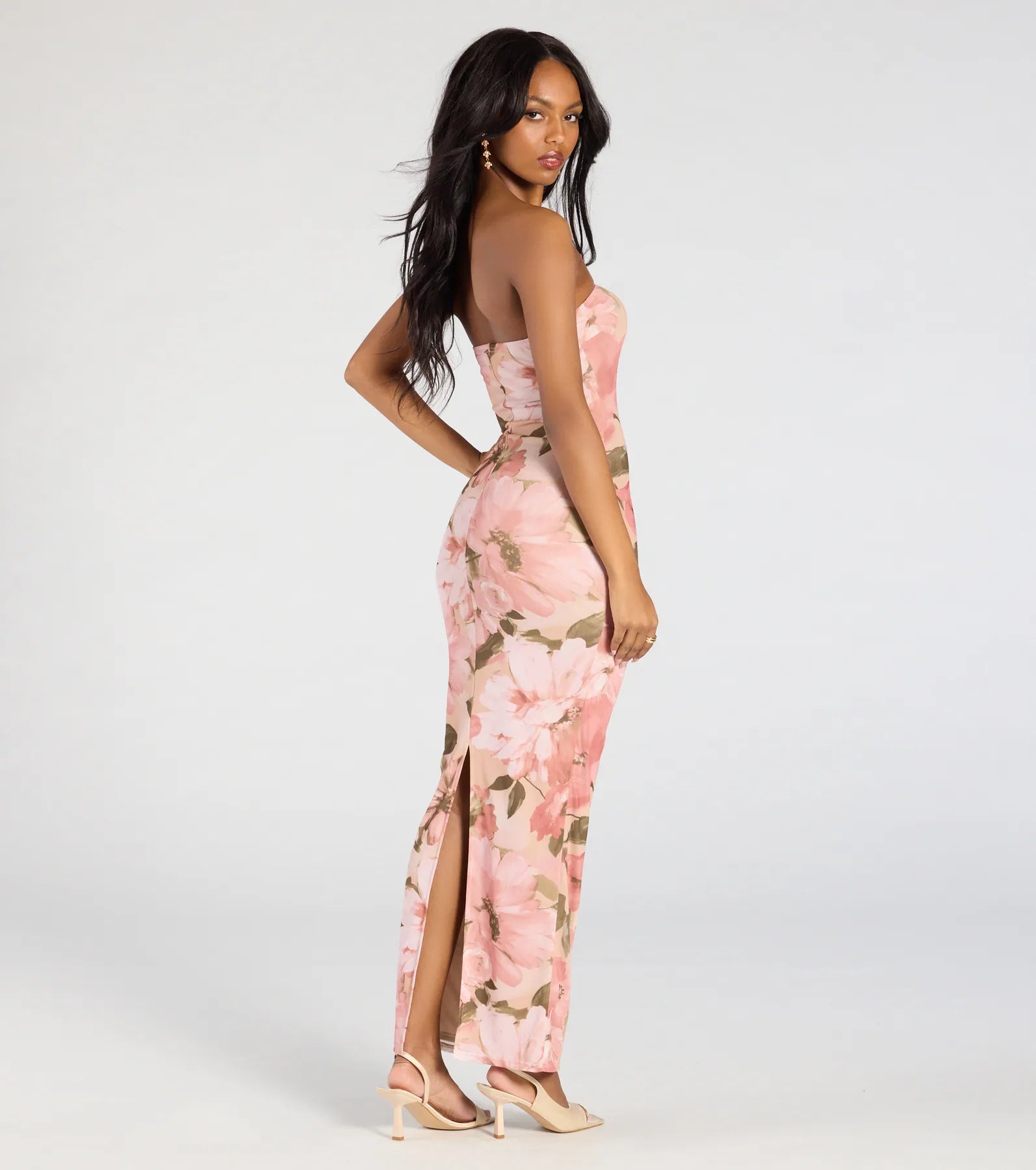Major Beauty Floral Satin Strapless Maxi Dress