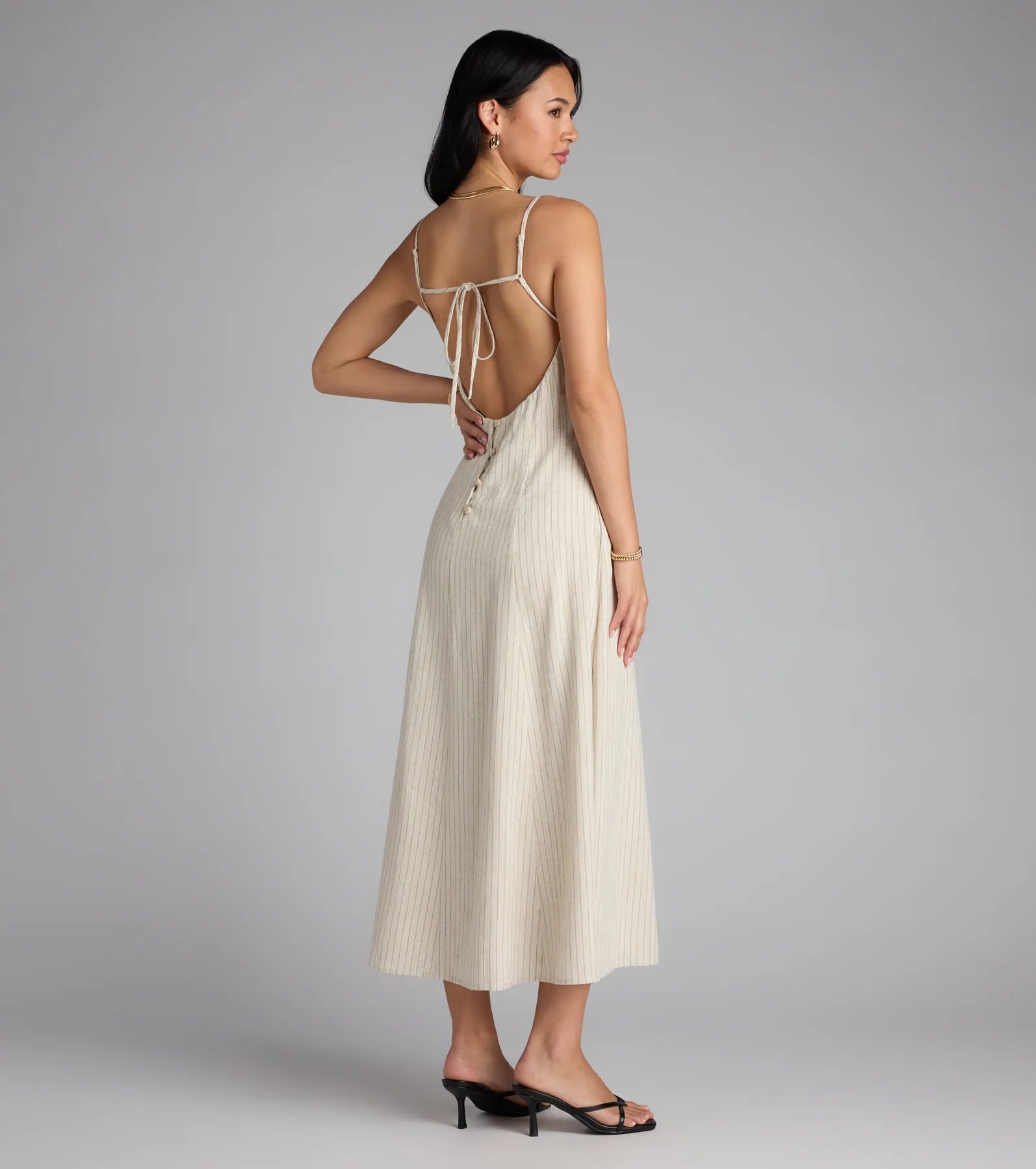 Chic Twist Tie-Back Striped Midi Dress