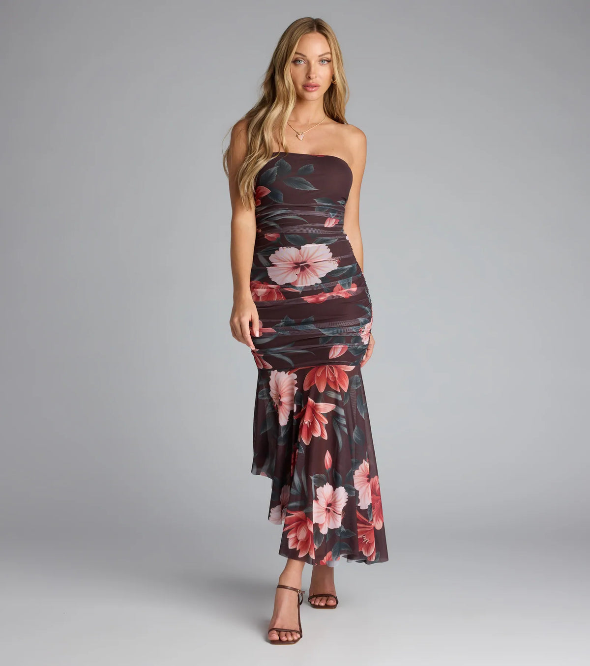 Golden Hour Tropical Floral Mesh Midi Dress