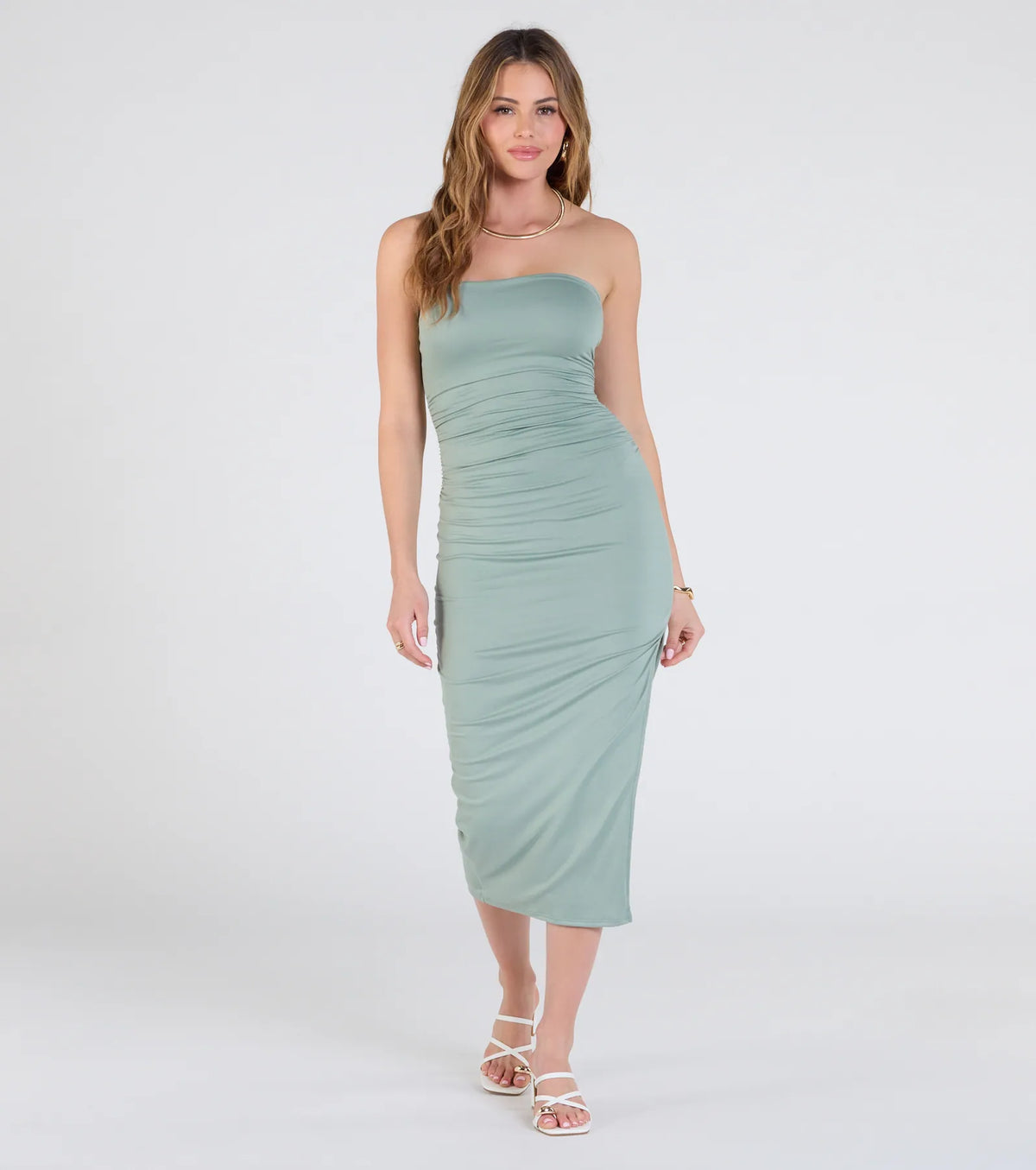 Casually Sultry Strapless Bodycon Midi Dress