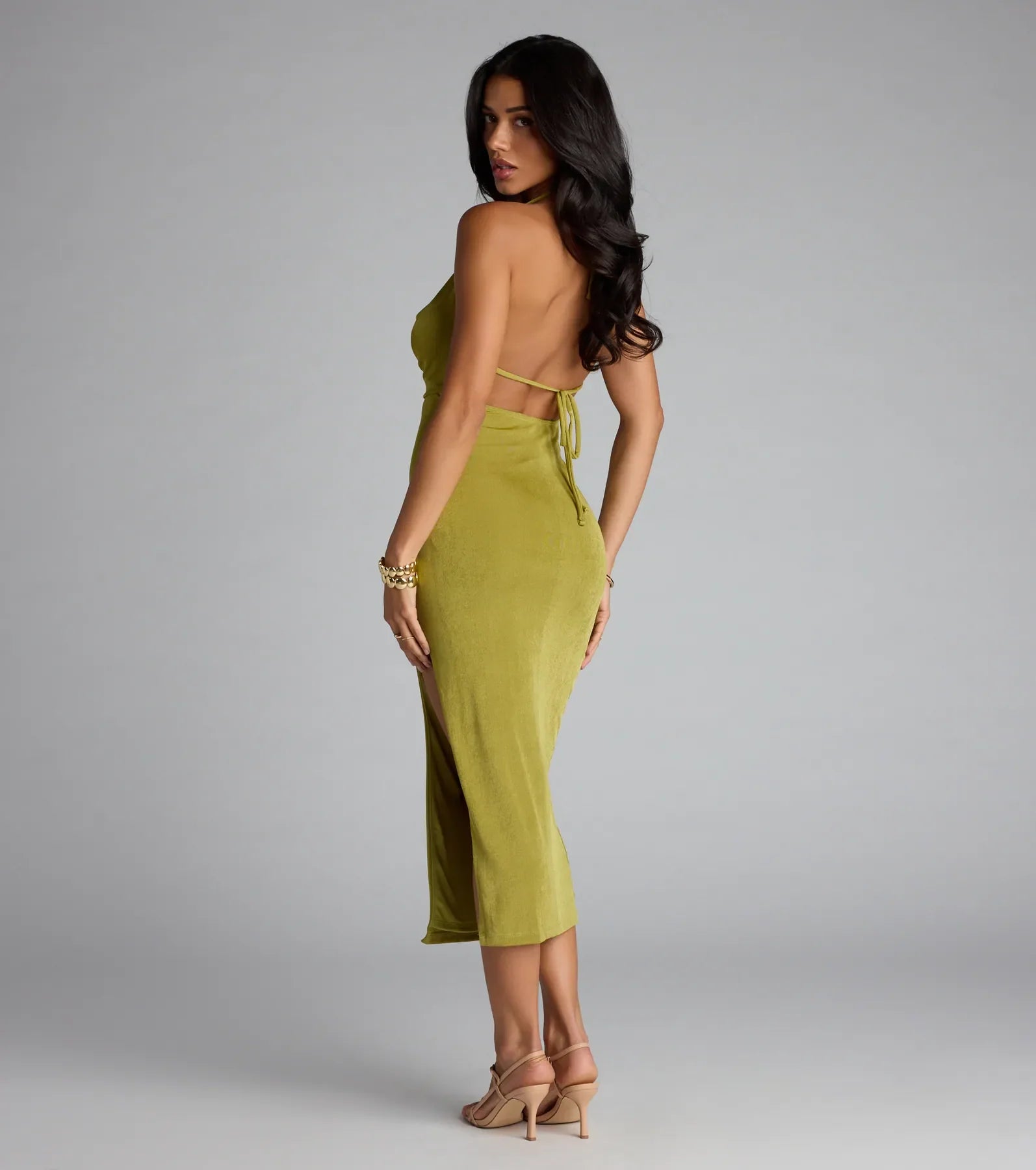Chic Paradise Halter Open Back Slit Midi Dress