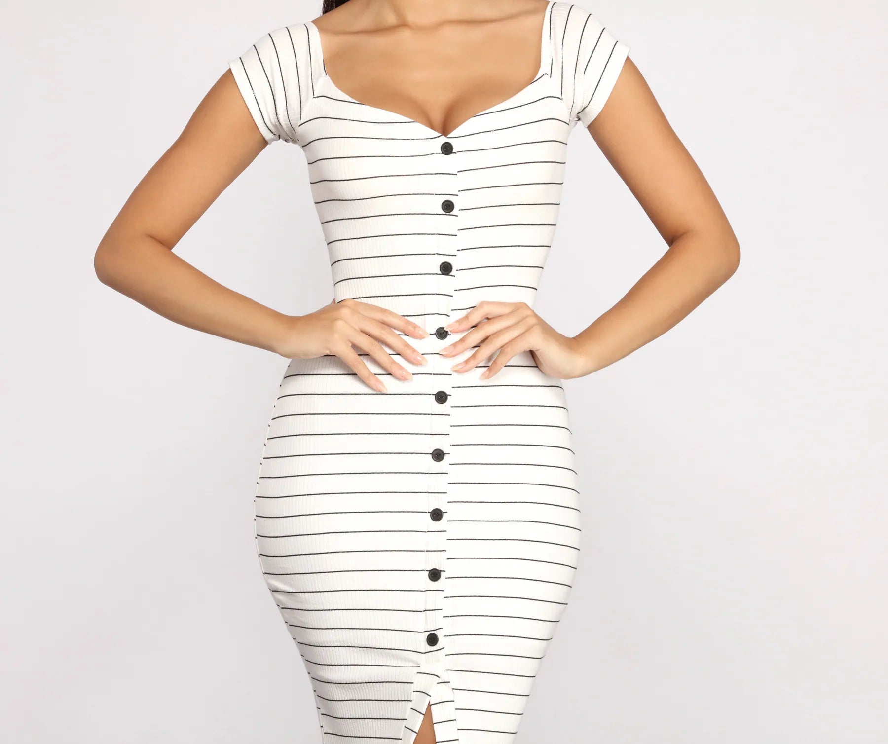 Stripe It Down Ribbed Button Down Midi Dress
