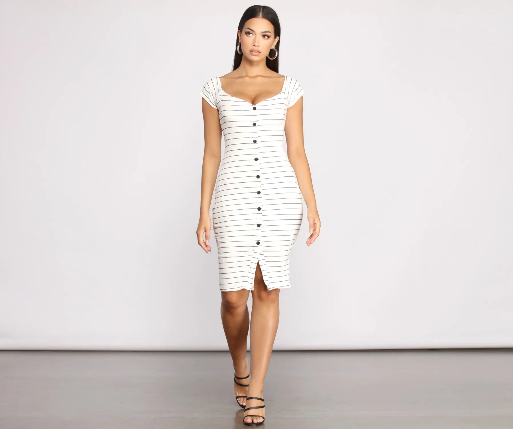 Stripe It Down Ribbed Button Down Midi Dress