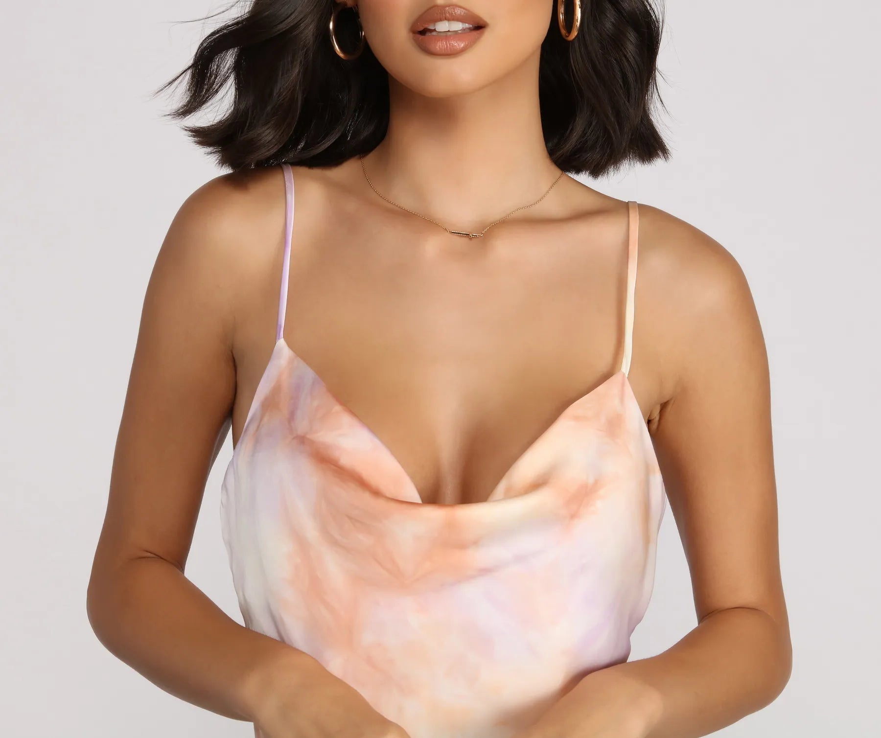 Tie-Dye Satin Cowl Neck Mini Dress