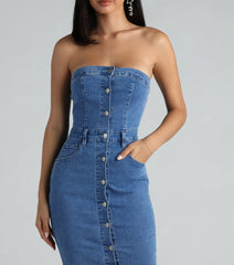 On The Down Low Denim Strapless Midi Dress