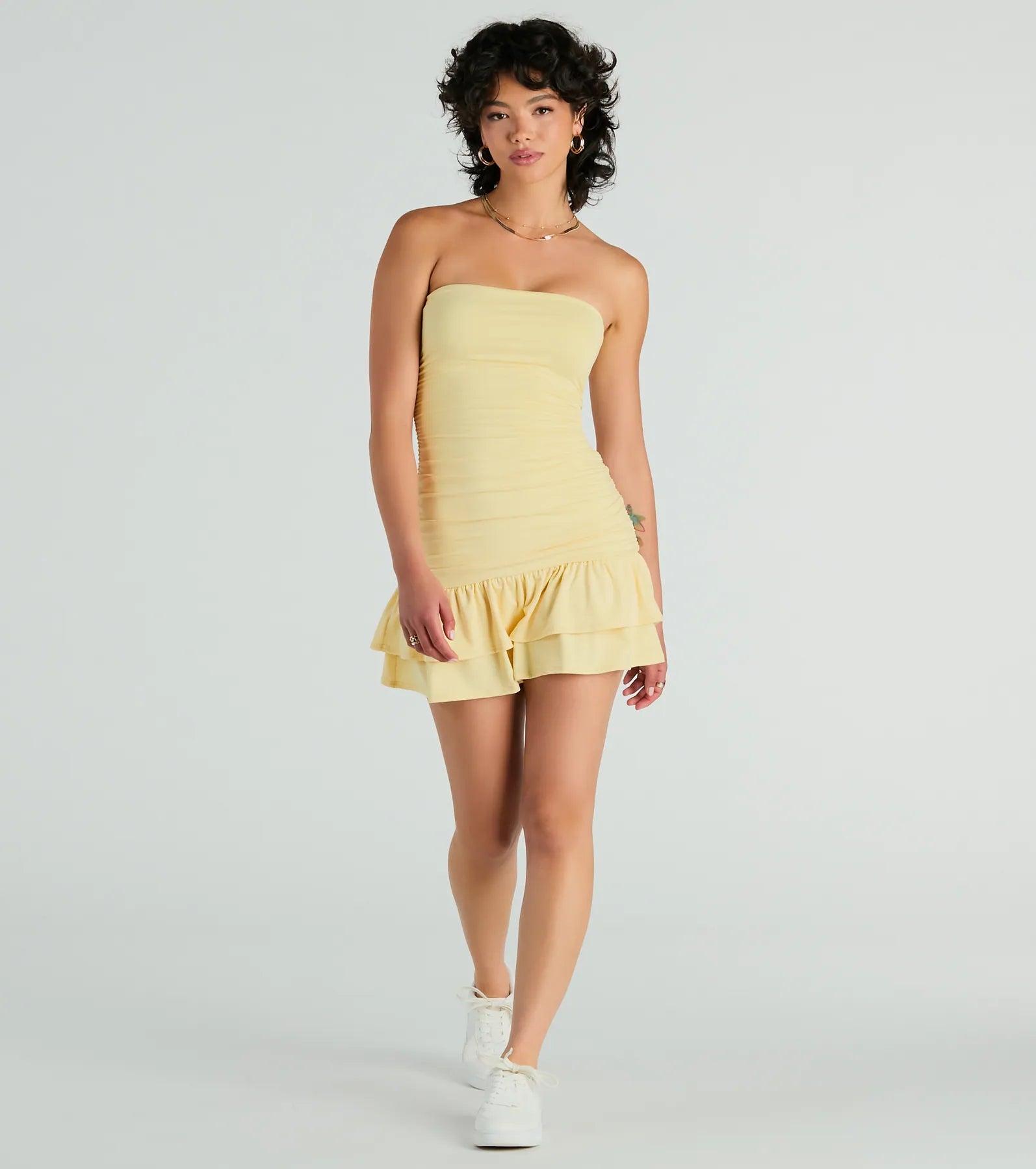 Here Comes The Sun Strapless Ruffled Mini Dress