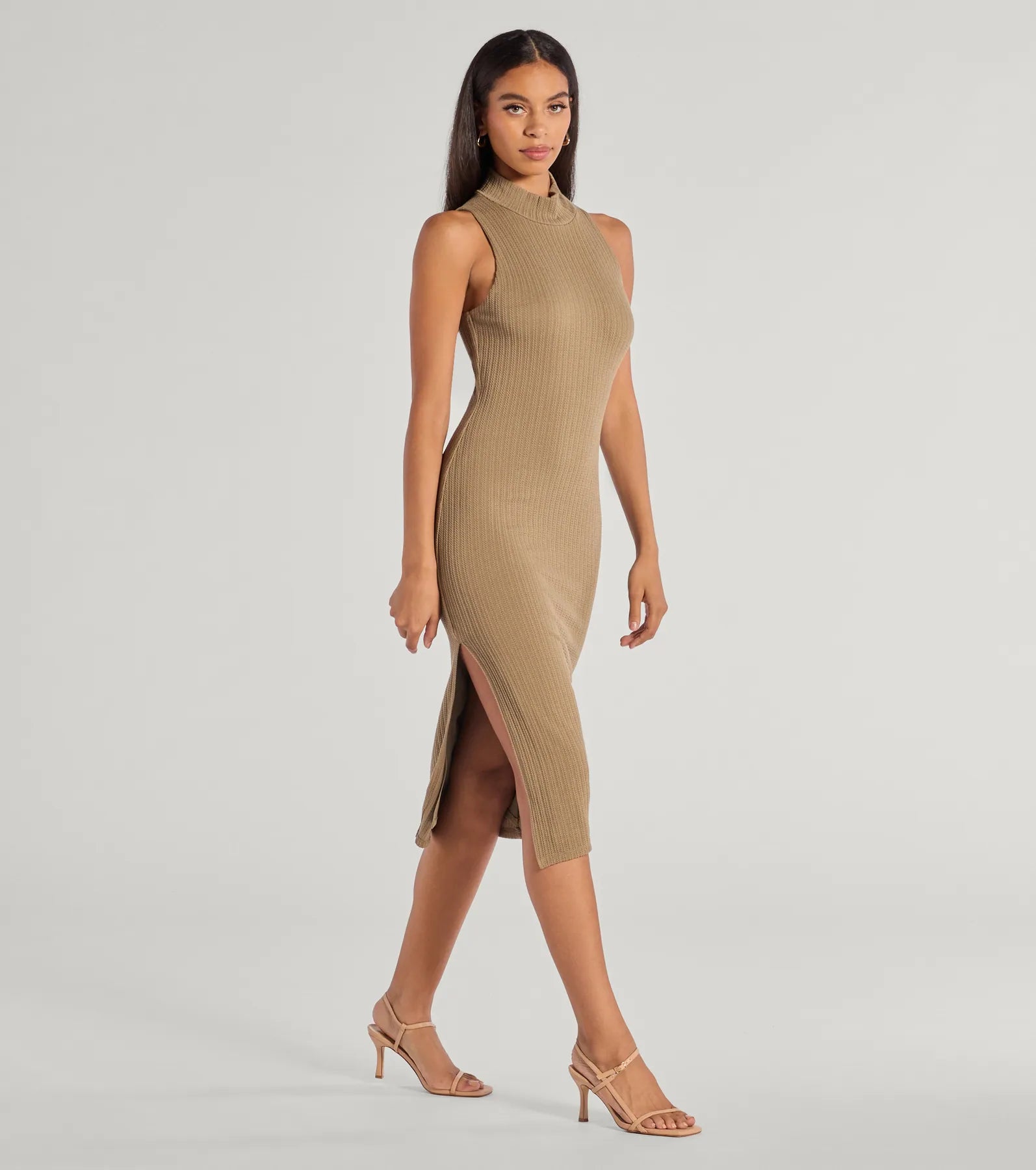 She's Stylish Mock Neck Cable Knit Midi Dress