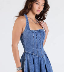Darling Charm Halter Pleated Denim Skater Dress