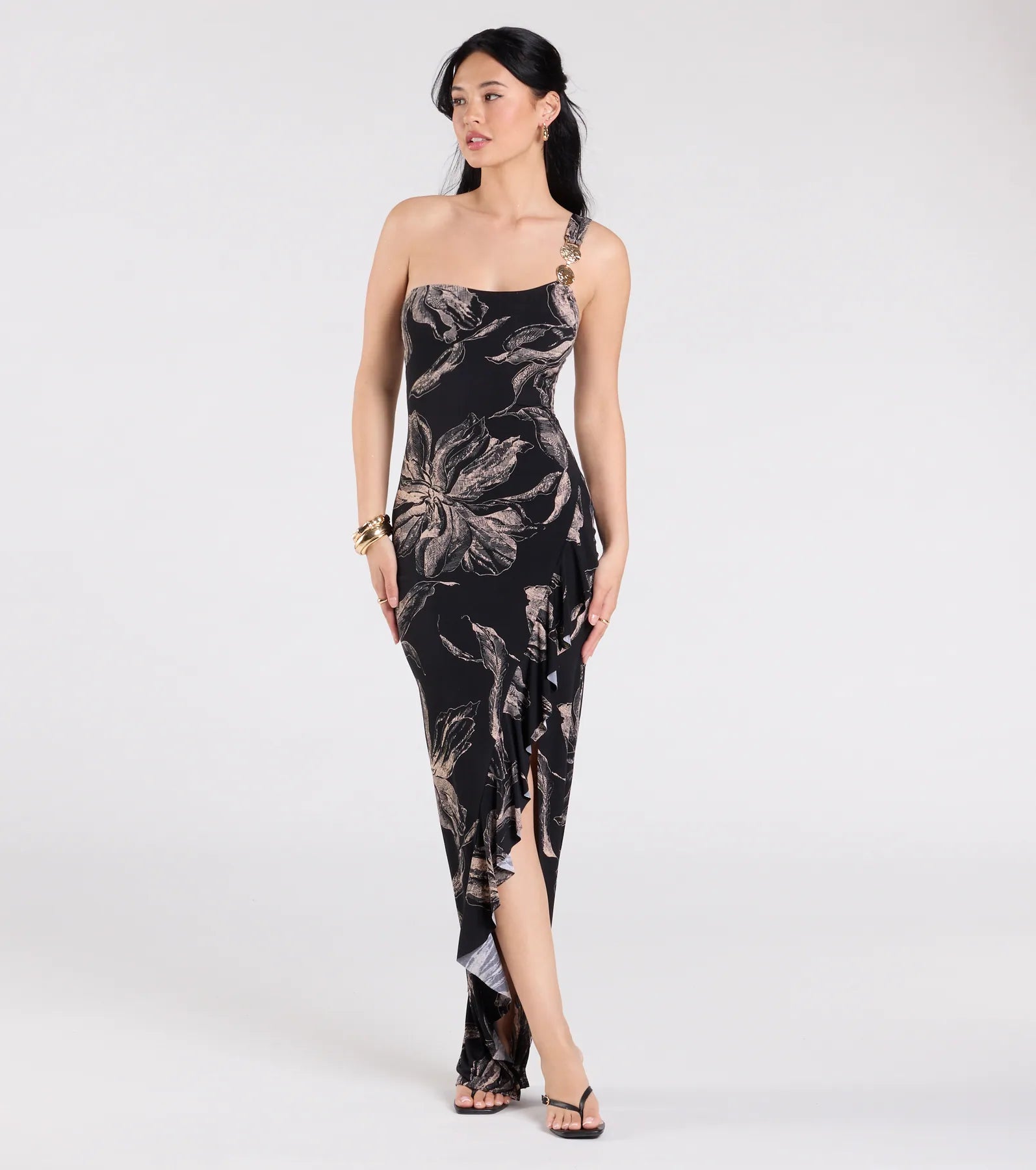 In Tulum One-Shoulder Tropical Maxi Dress