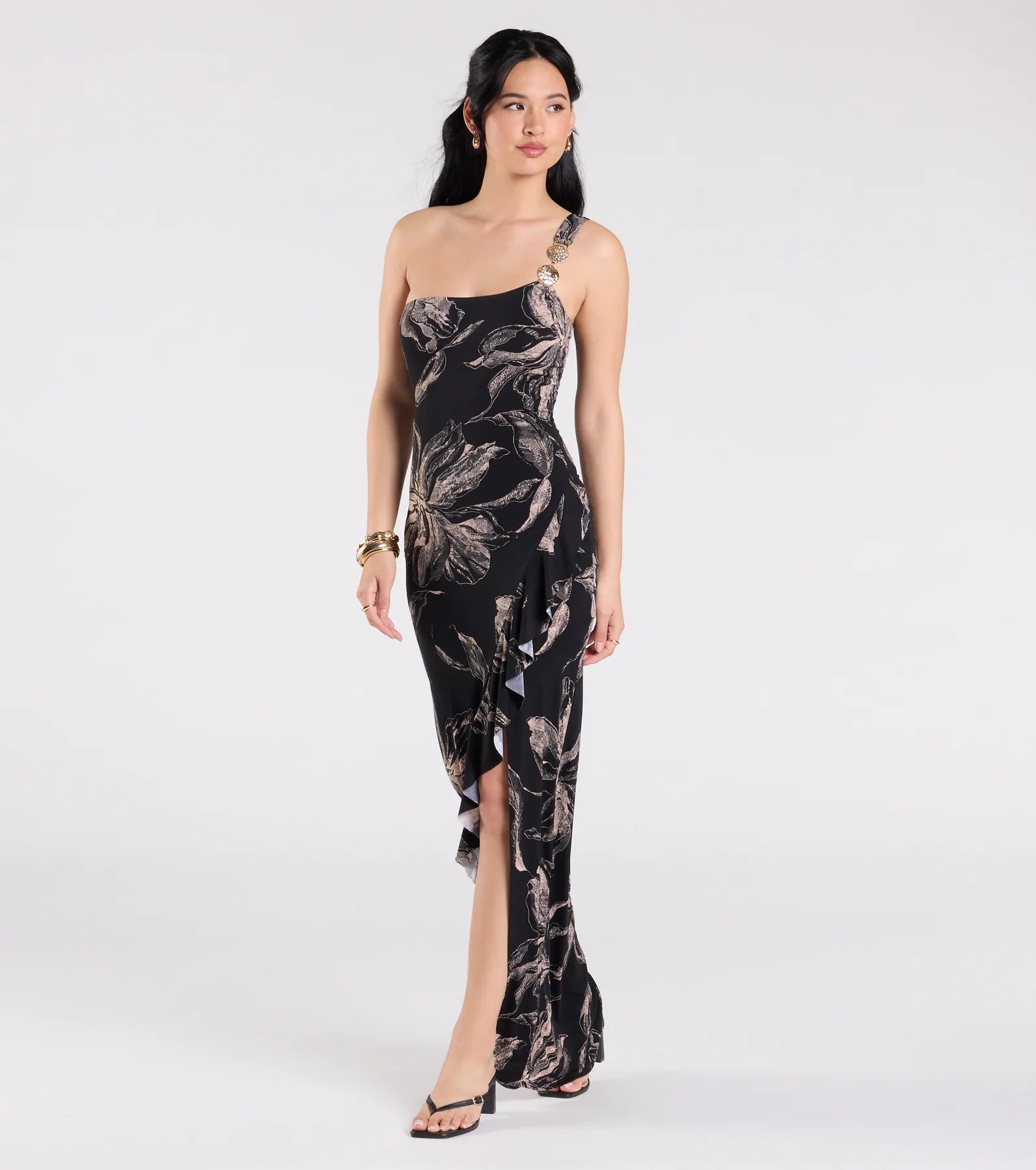 In Tulum One-Shoulder Tropical Maxi Dress