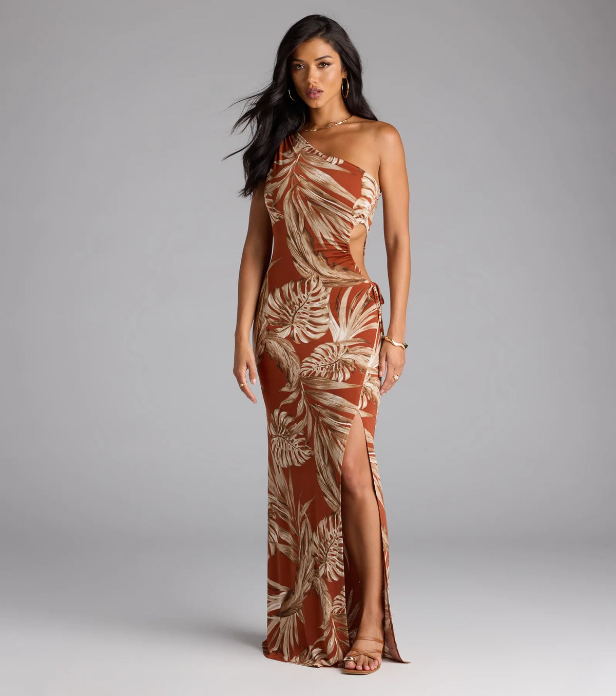 Island Style One-Shoulder Slit Tropical Maxi Dress